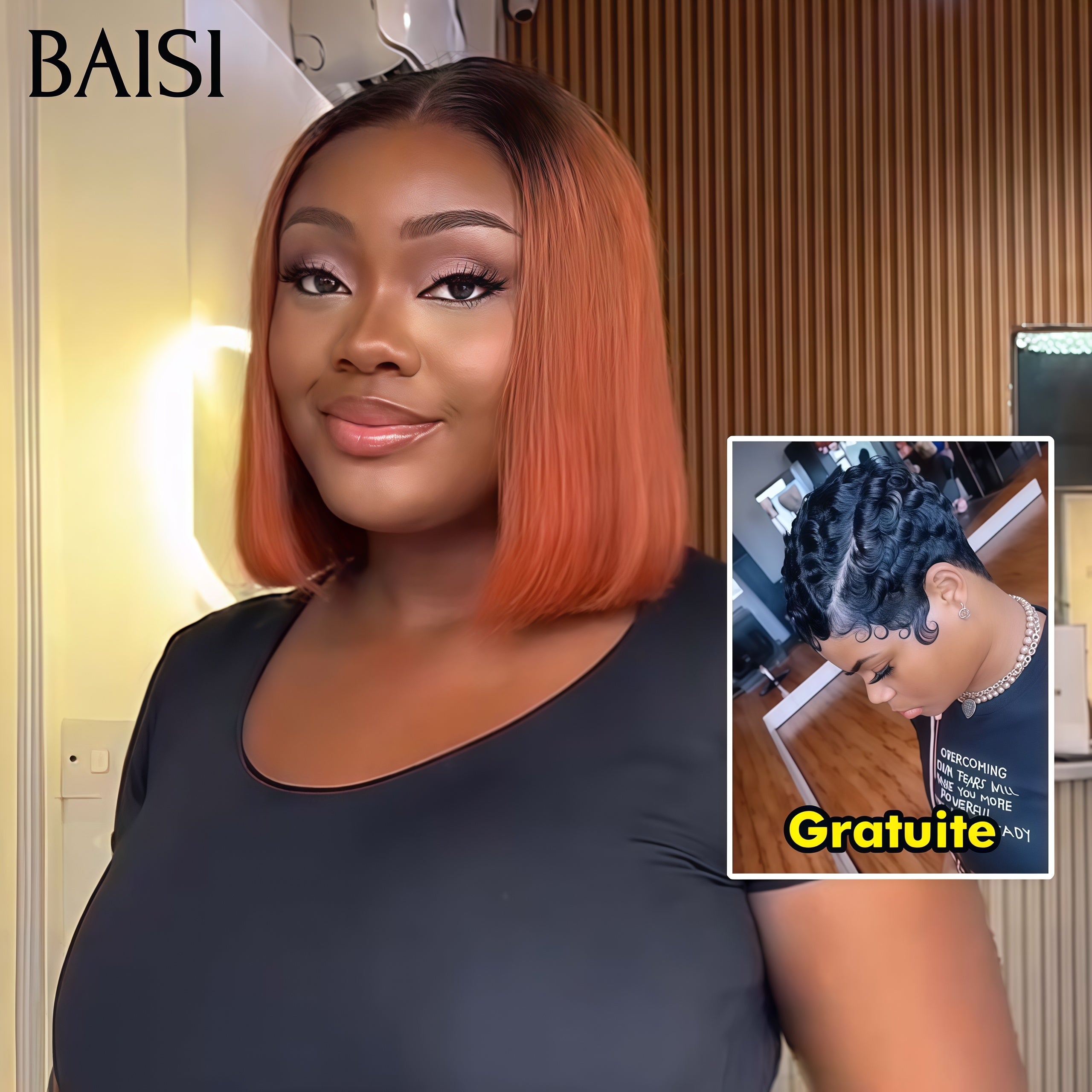 BAISI Achetez 1 +1 Gratuite= 88€ 4x4 lace lisse bob 1BT30# 10 pouces et sans lace pixie ou Lisse + curly + san lace Lot de 3 perruques bob en 100% vrais cheveux humains (pas besoin de code)