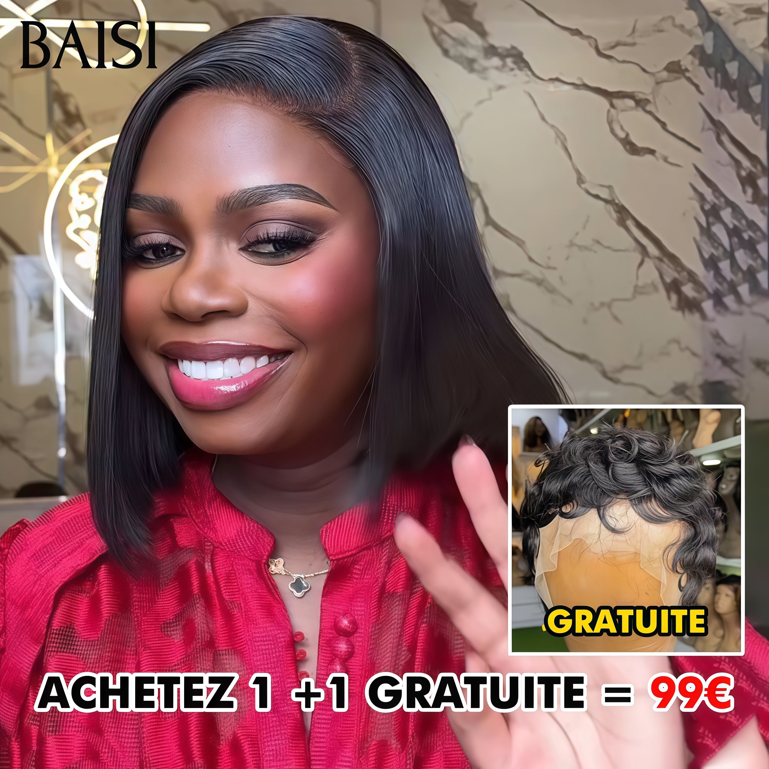 BAISI Offre Flash Perruque Achetez 1 +1 Gratuite = 99€ Perruques en Gros 13x4 lace frontal lisse 10 pouces et pixie finger wave 100% cheveux humains