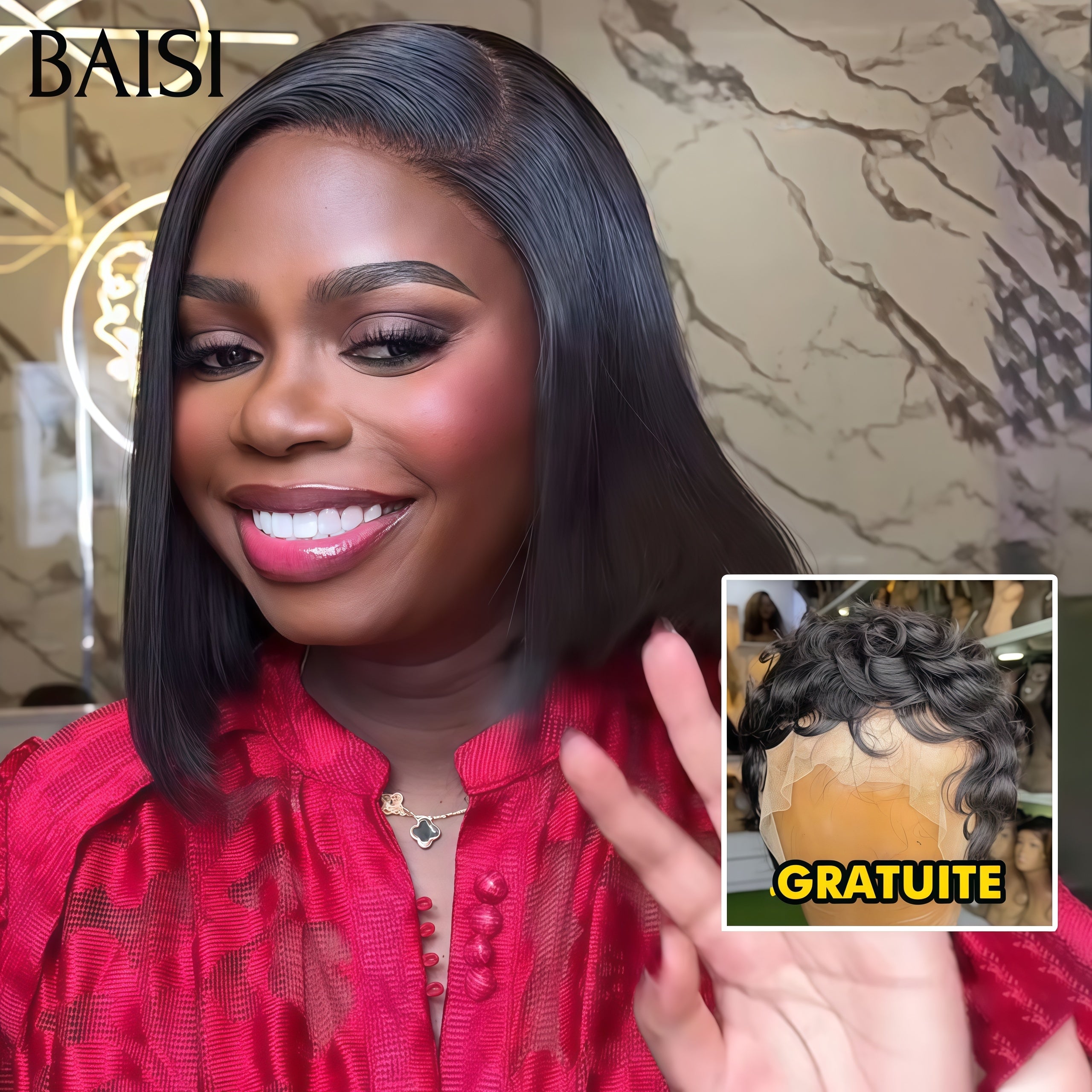 BAISI Offre Flash Perruque Achetez 1 +1 Gratuite = 99€ Perruques en Gros 13x4 lace frontal lisse 10 pouces et pixie finger wave 100% cheveux humains