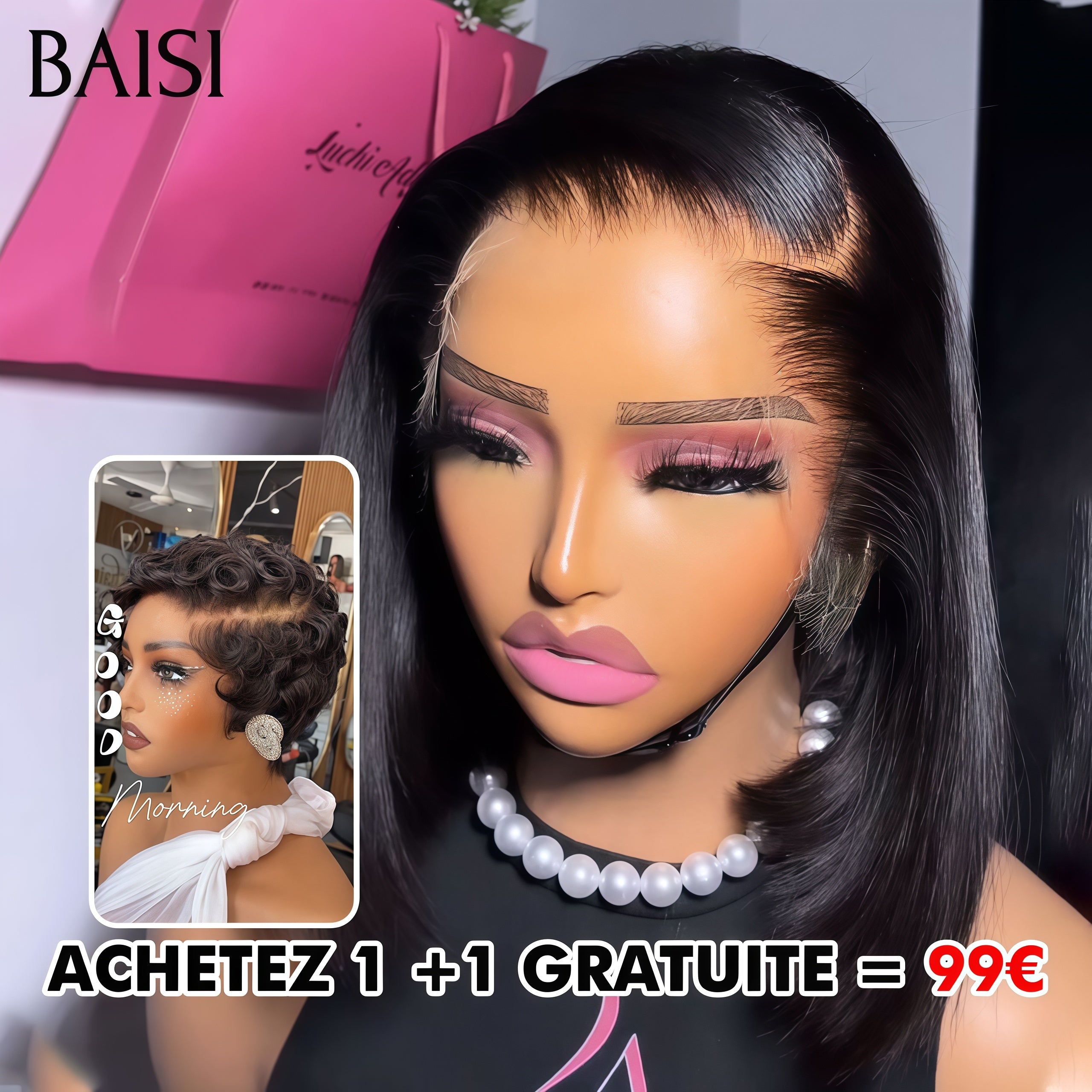 BAISI HAIR FR Achetez 1 +1 Gratuite = 99€ bob 13x4 lace lisse 10 pouces et pixie sans colle finger wave noir En 100% Cheveux Humains