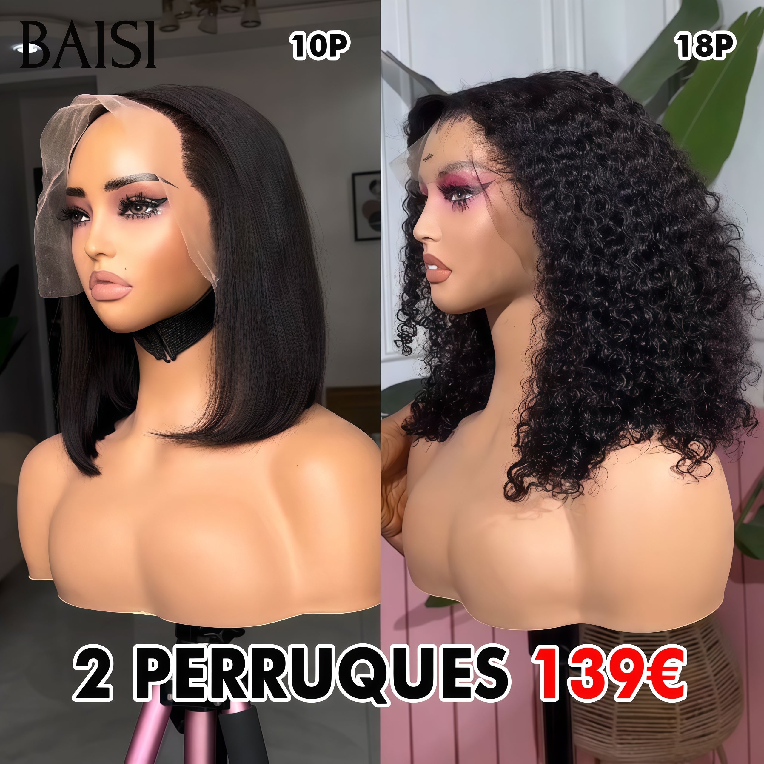 BAISI 2 Perruques 139€ 13x4 lace frontal Lisse 10 Pouces et curly wave 18 Pouces en 100% vrais cheveux humains