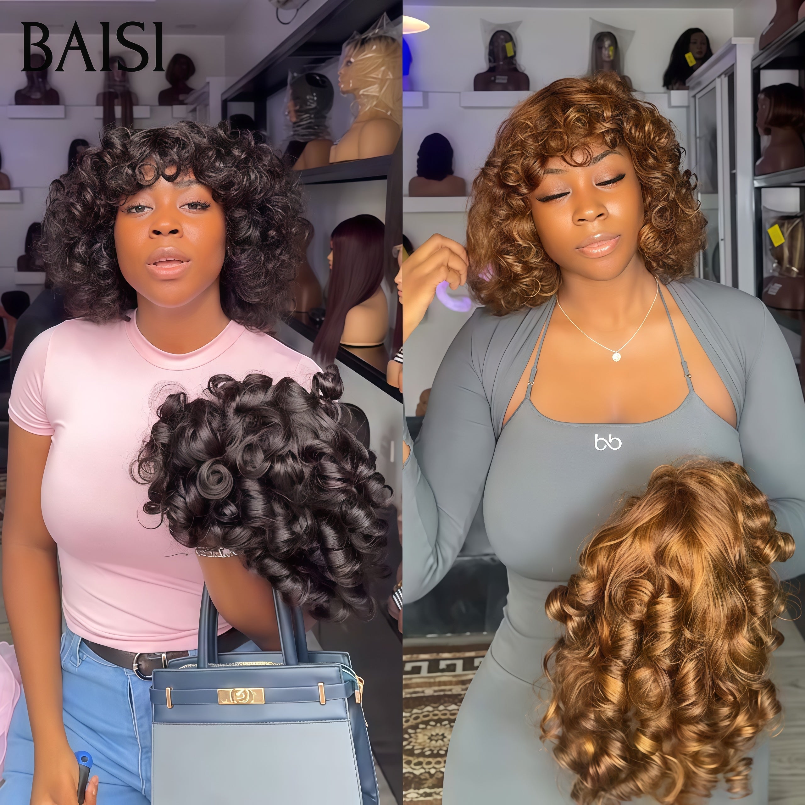 BAISI 2 Perruques 129€ Perruques en Gros Sans Colle Facile à Porter egg wave avec Frange Marron et NOIR en 100% vrais cheveux humains, Code: FR20