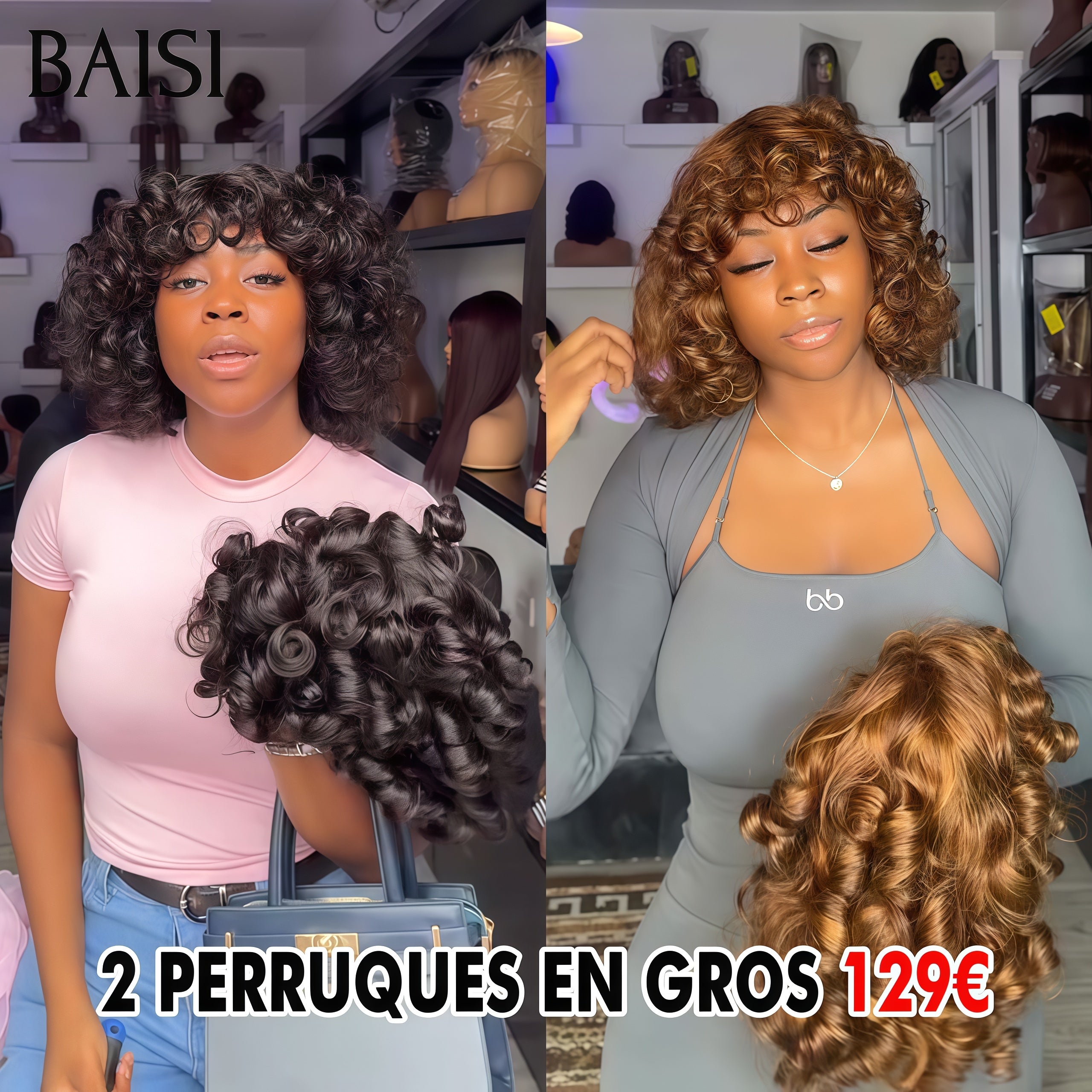 BAISI 2 Perruques 129€ Perruques en Gros Sans Colle Facile à Porter egg wave avec Frange Marron et NOIR en 100% vrais cheveux humains, Code: FR20