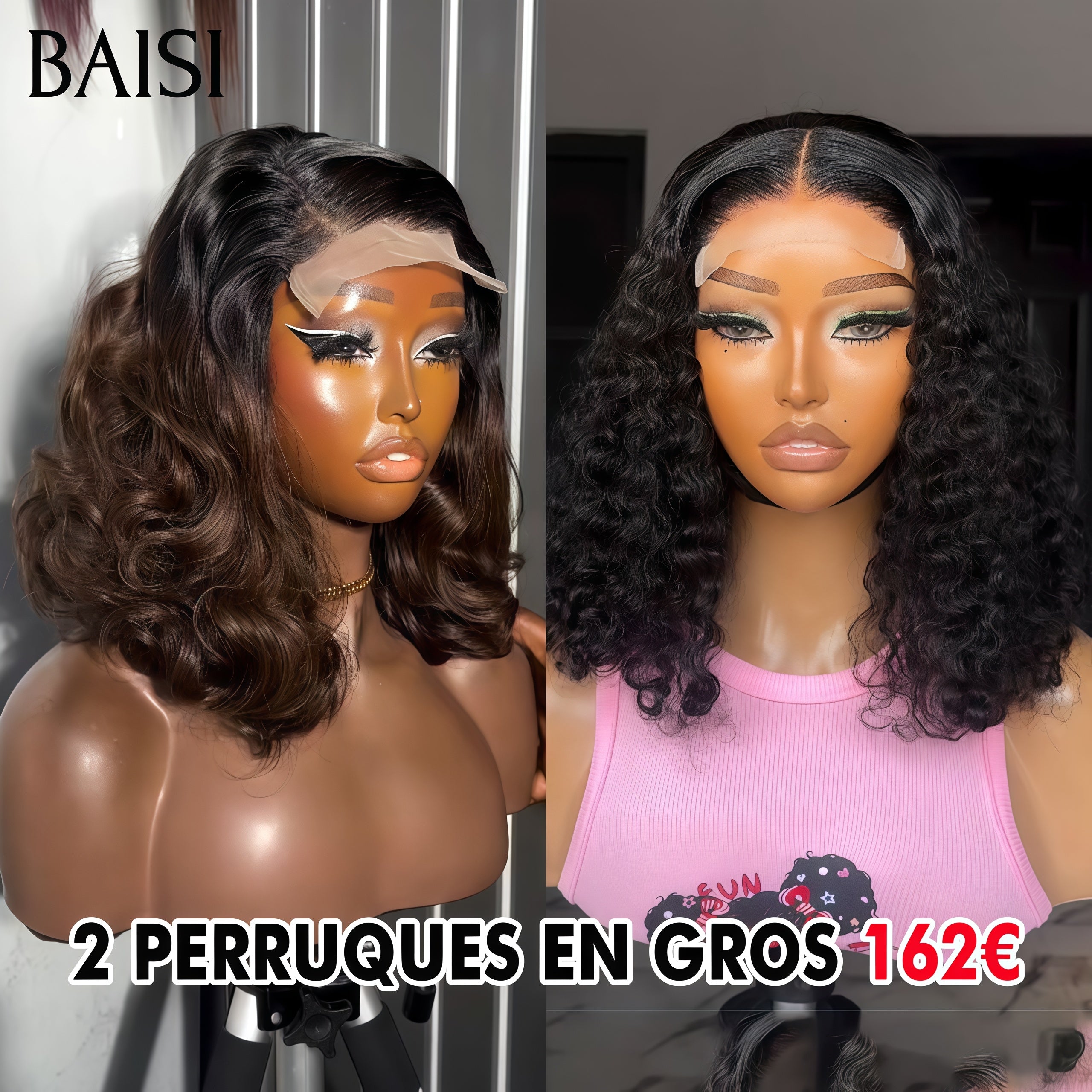 BAISI vente flash 2 perruques en Promo 162€ 5x5 lace egg wave 1BT4# 12 Pouces et 4x4 lace curly wave moitié prix en 100% vrais cheveux humains mp50