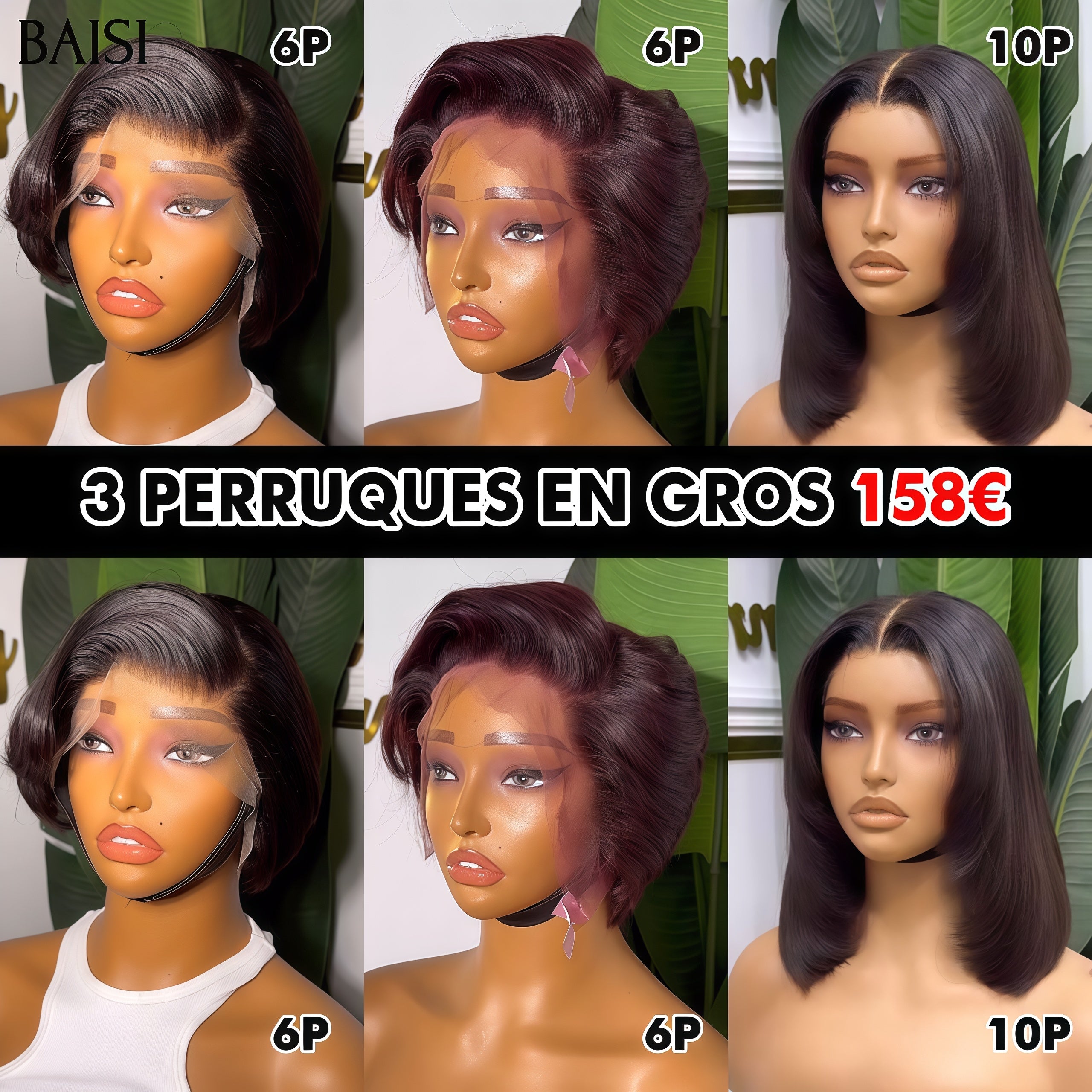 BAISI 3 Perruques en Gros 158€ pour revendre moitié prix Lisse BOB 13x4 lace Lisse en couleur NOIR et Bordeaux et 4x4 lace Lisse 10 Pouces en 100% vrais cheveux humains mp50