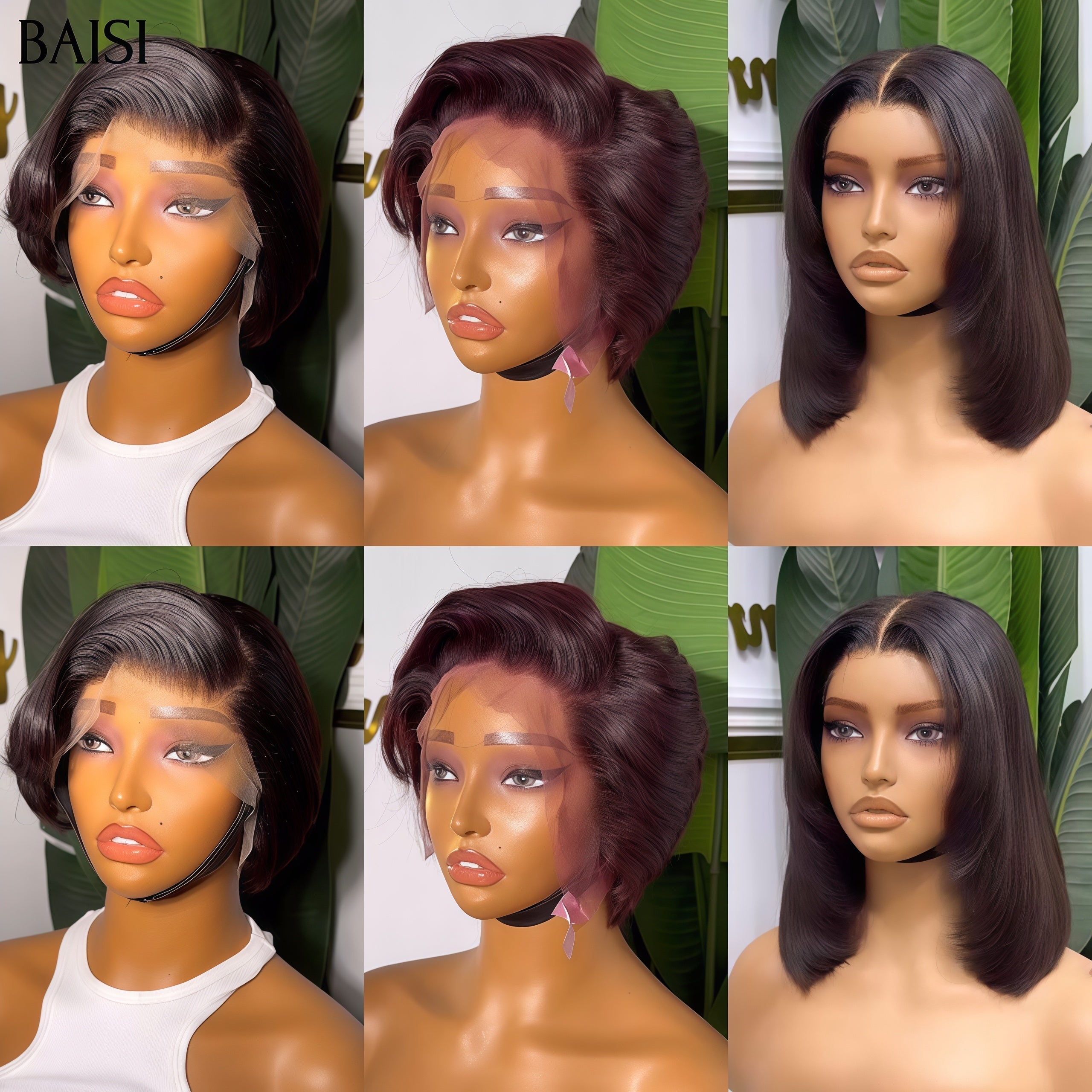 BAISI 3 Perruques en Gros 158€ pour revendre moitié prix Lisse BOB 13x4 lace Lisse en couleur NOIR et Bordeaux et 4x4 lace Lisse 10 Pouces en 100% vrais cheveux humains mp50