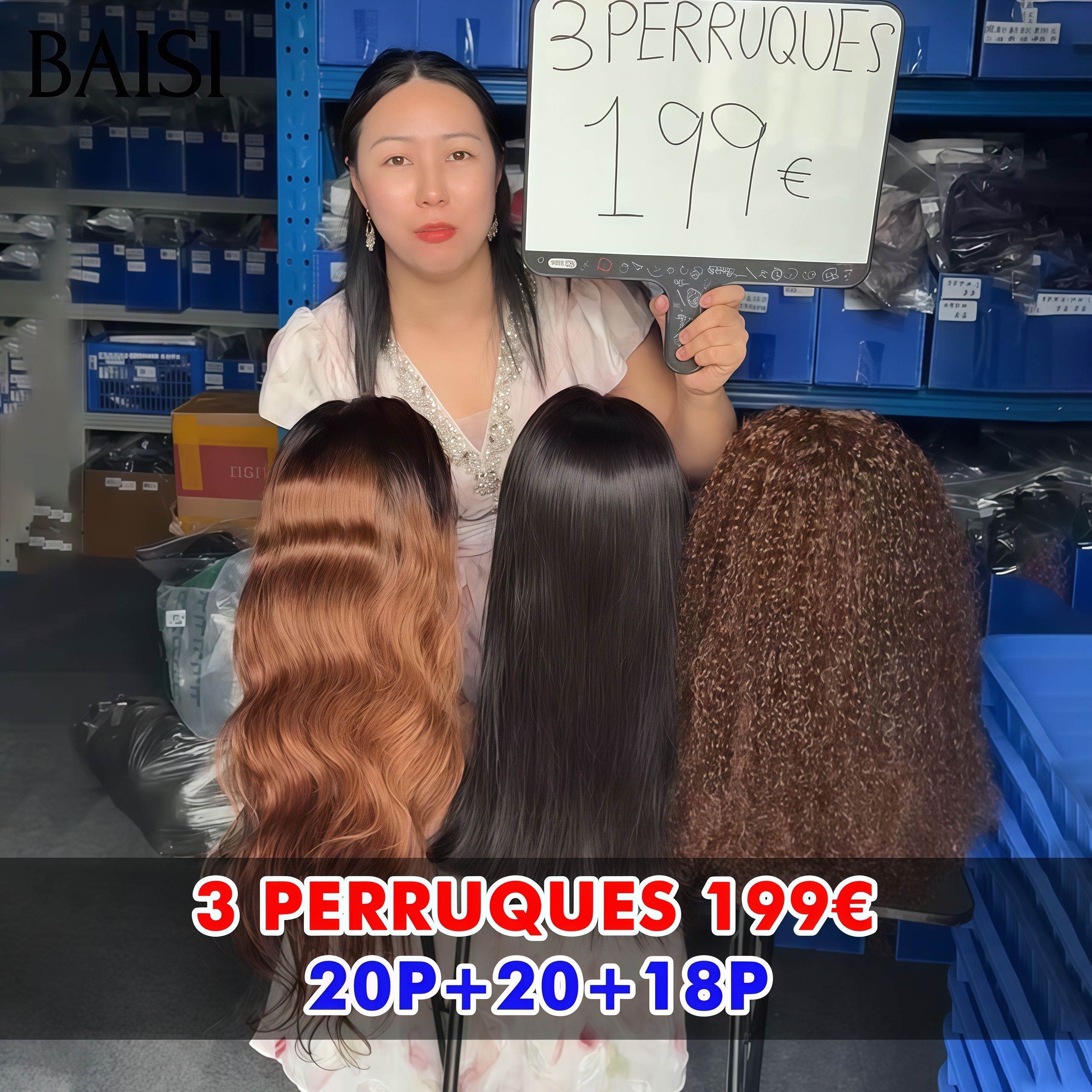 BAISI Promotion Black Friday 199€ pour 3 pièces perruques 13x4 lace frontal body wave et lisse et curly wave en 3 couleurs en 100% Cheveux Humains