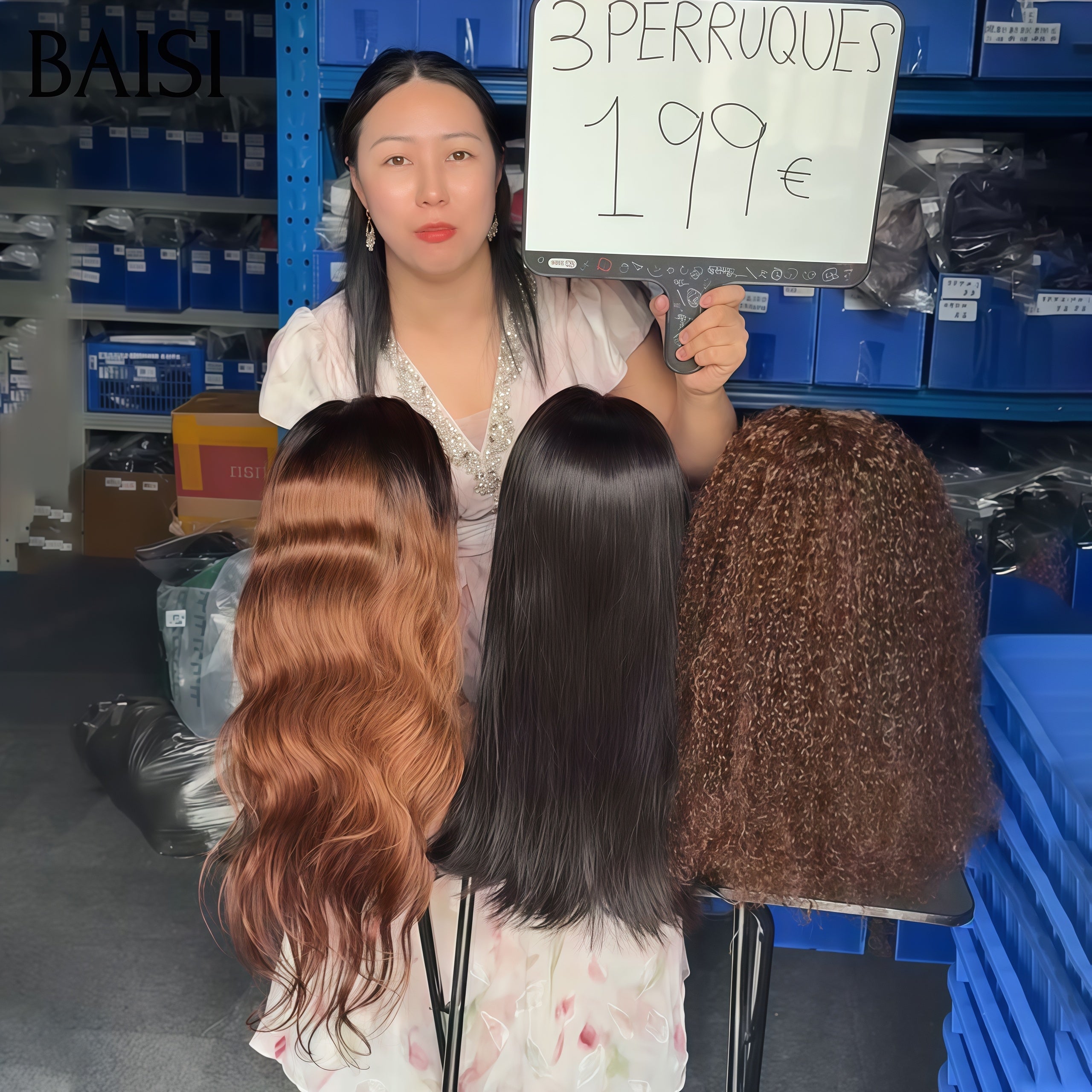 BAISI Promotion Black Friday 199€ pour 3 pièces perruques 13x4 lace frontal body wave et lisse et curly wave en 3 couleurs en 100% Cheveux Humains