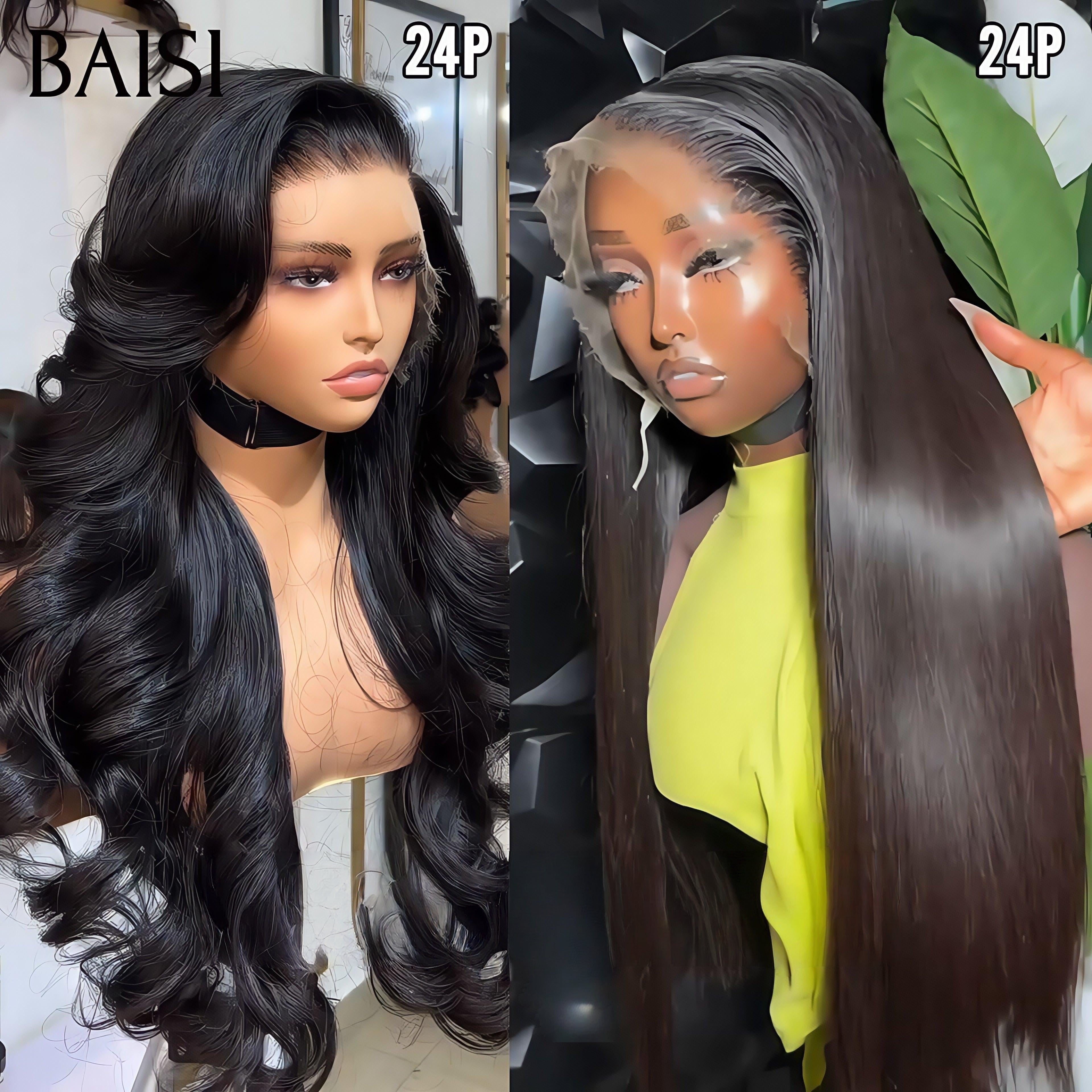 BAISI 2 Perruques pour revendre 230€ 13X4 Body wave et Lisse 24 pouces couleur NOIR en 100% vrais cheveux humains FR20