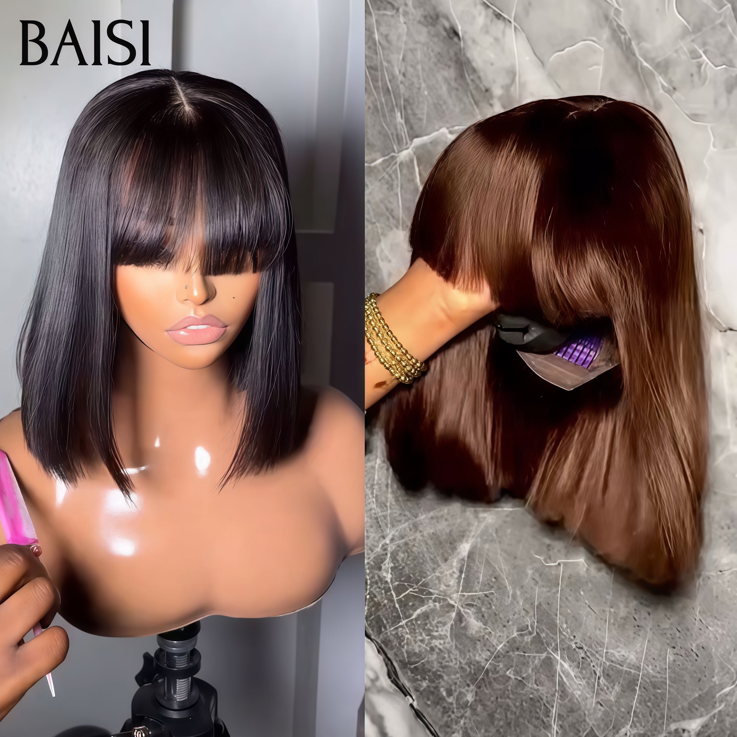 BAISI Lot de la perruque vente en gros 2 perruques bob 100 euro 2x4 lace Lisse avec Frange 8Pouces en couleur Marron et NOIR 100% Cheveux Humains