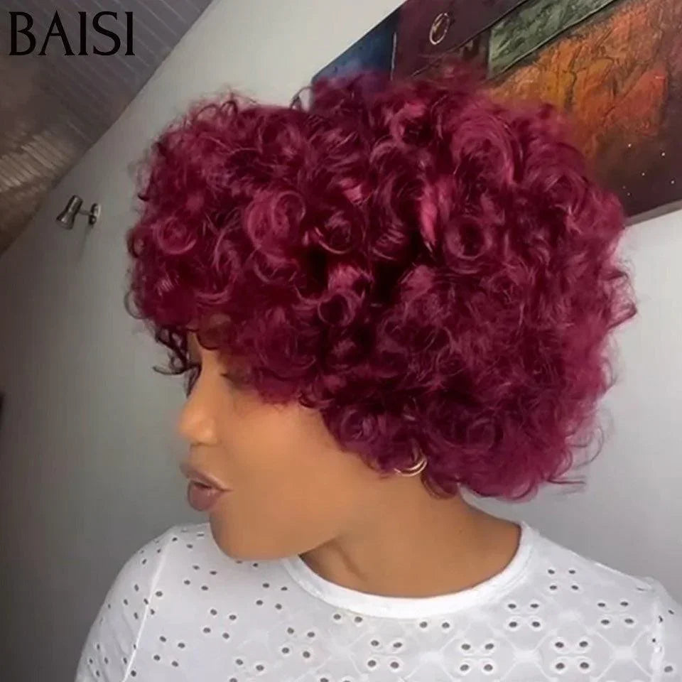 BAISI Curly Wig Egg Wave 75€ Bordeaux Color Without Lace Without Glue Orange in 100% Human Hair