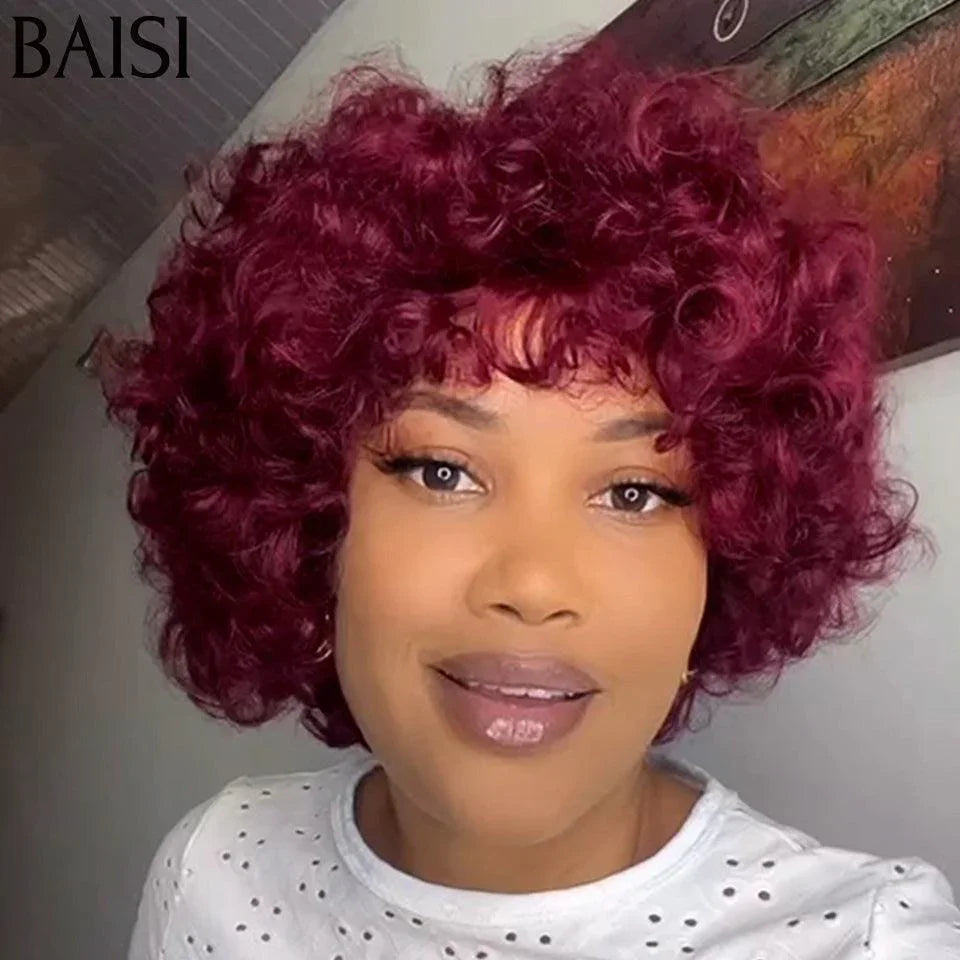 BAISI Curly Wig Egg Wave 75€ Bordeaux Color Without Lace Without Glue Orange in 100% Human Hair