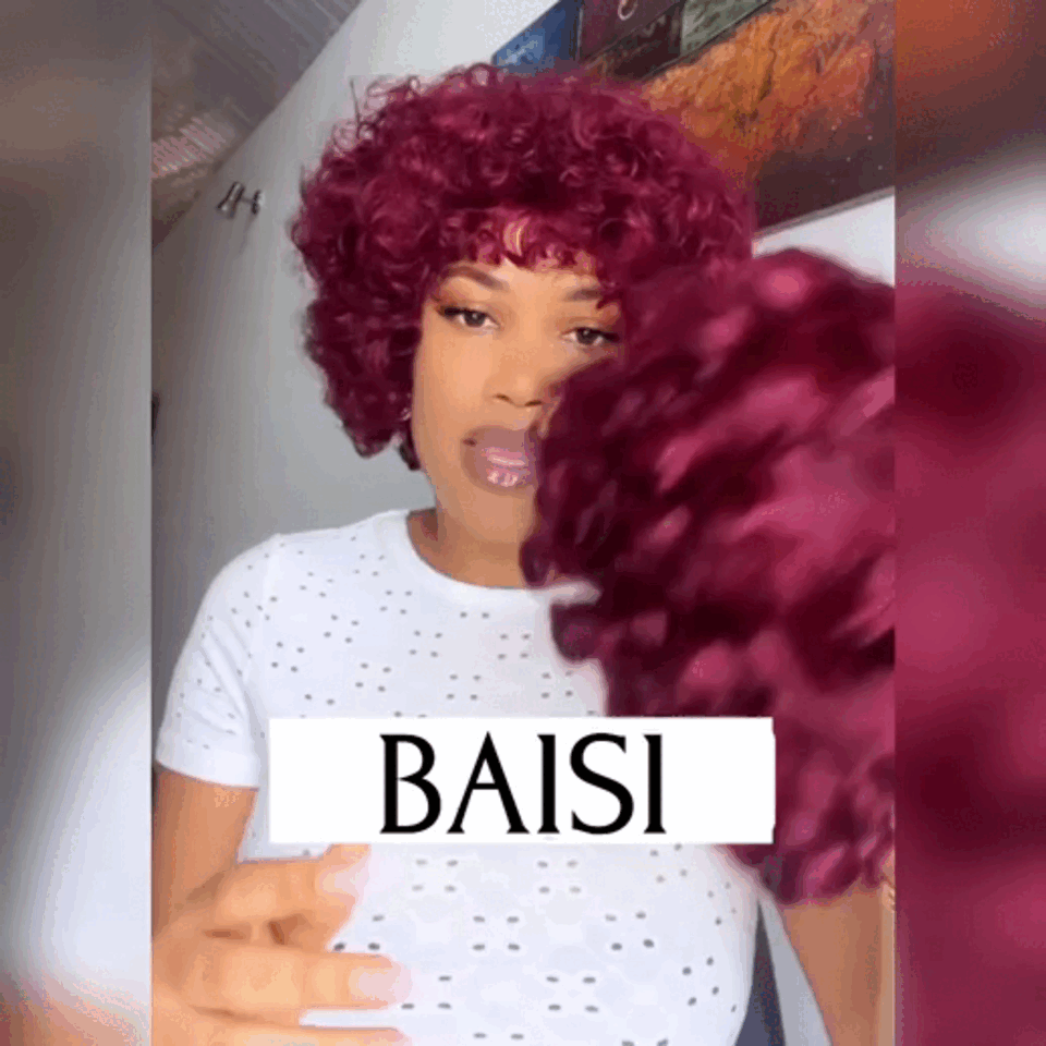 BAISI Curly Wig Egg Wave 75€ Bordeaux Color Without Lace Without Glue Orange in 100% Human Hair