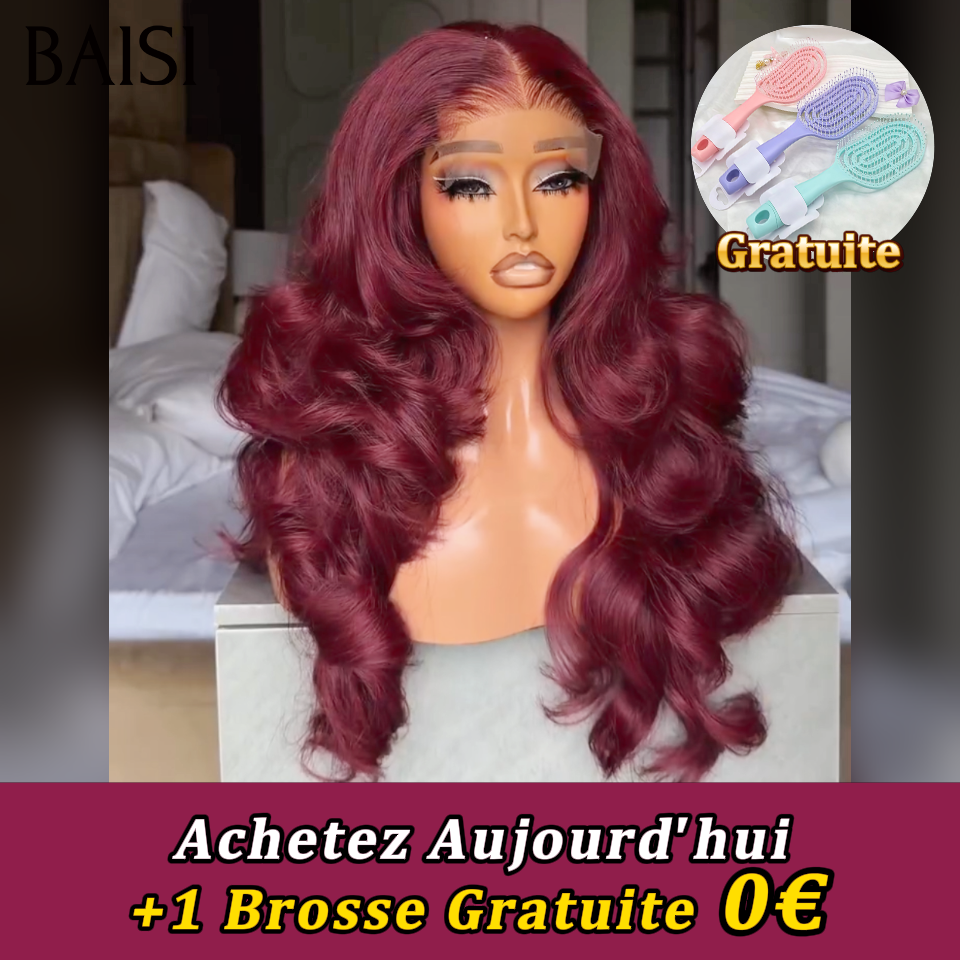 BAISI Perruques 4x4 Lace Body Wave en Bordeaux +1 Brosse Gratuite 89€ PROMO en 100% vrais cheveux humains