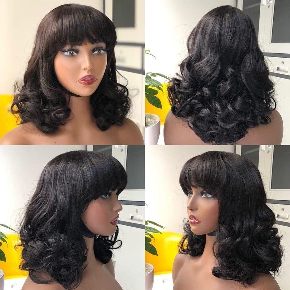 Parrucca caschetto BAISI con frangia Onda del corpo ondulata 12 pollici 100% capelli umani C