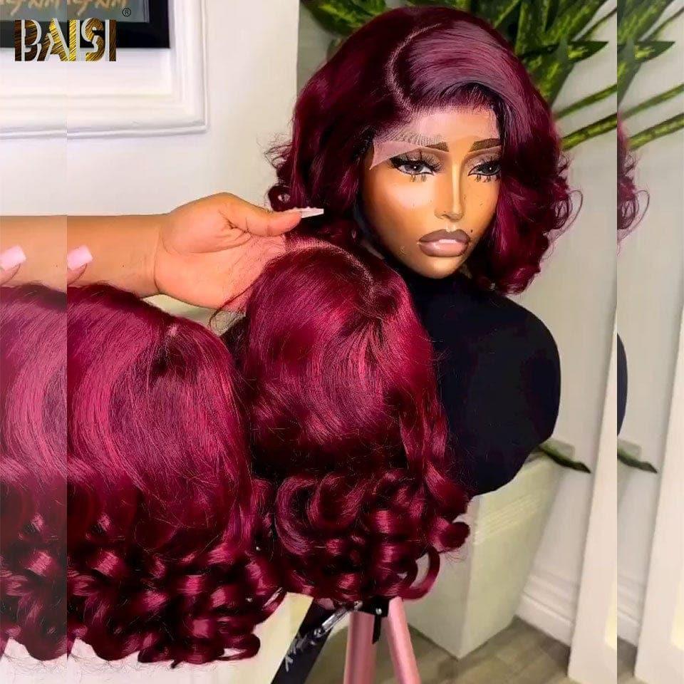 BAISI 13x4 Lace Frontal Wig Egg curl Burgundy Red 065C 99J in 100% Human Hair