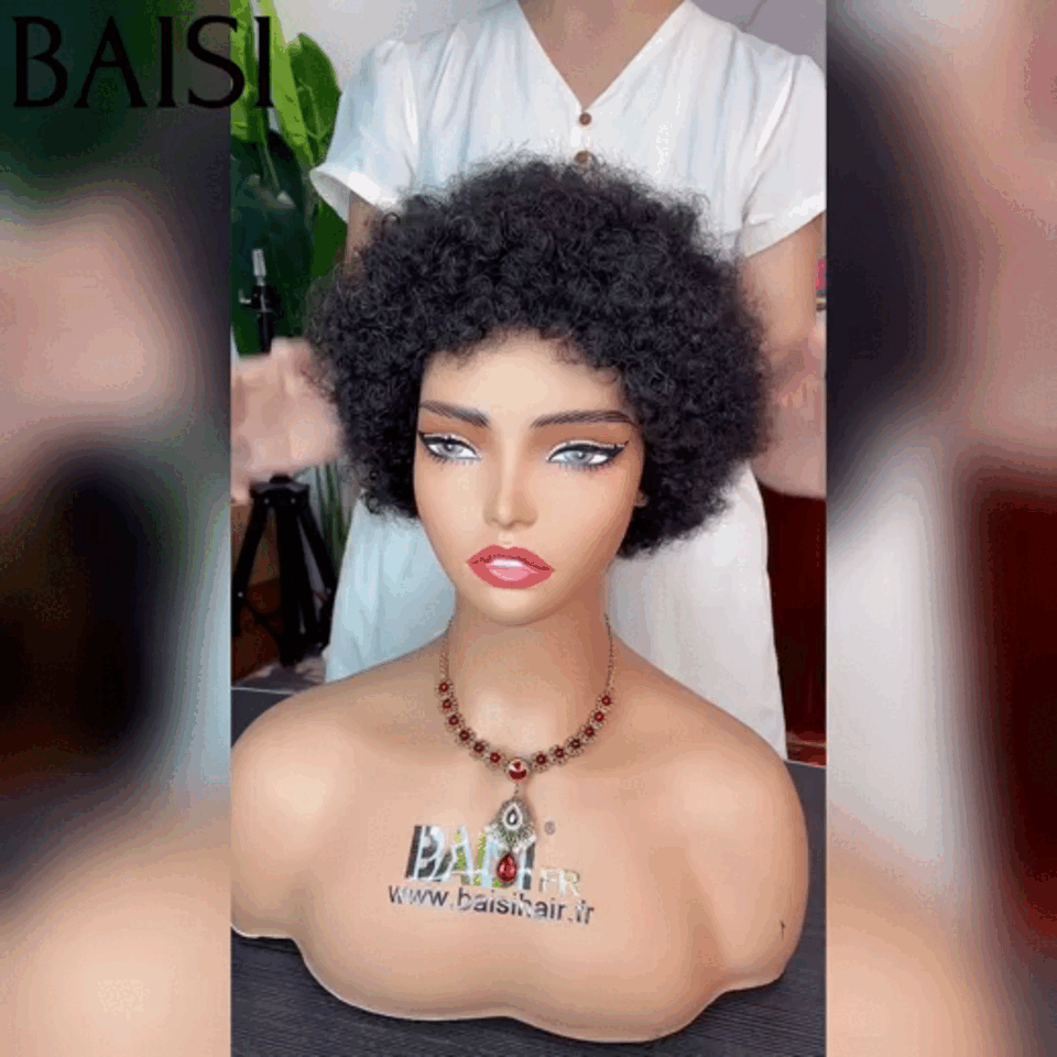 BAISI Offre Flash Perruques comme en LIVE 40€ Pixie Afro sans lace sans colle bouclé partout Noir en 100% cheveux humains FR20