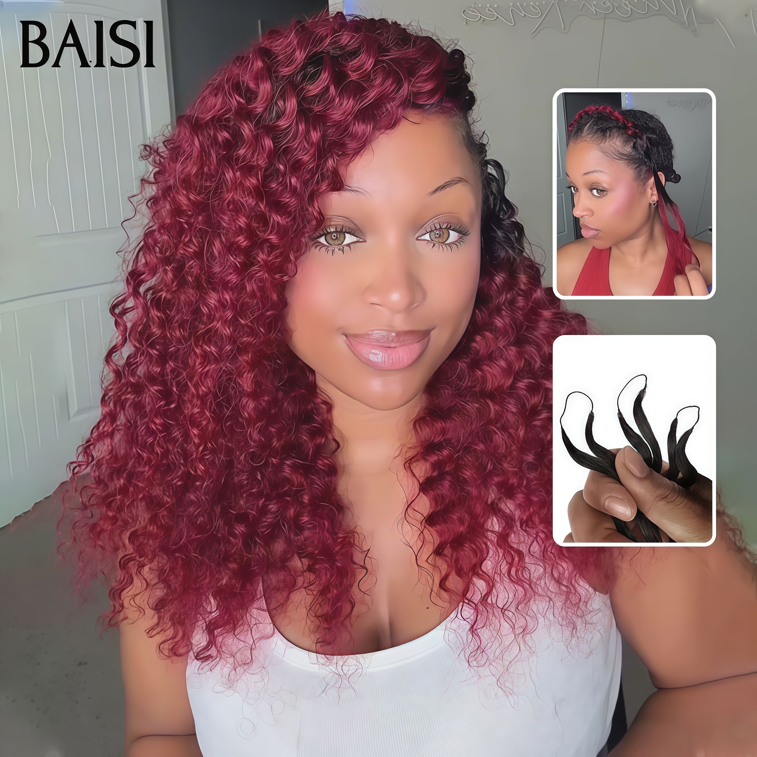 BAISI Extensions Plumes Cheveux Humains Rouge Bordeaux 99J# en Crochet Texture Curly Wave Installation Etape par Etape Facile et Simple Rendu et naturel en 100% Cheveux Humains