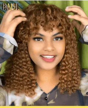 BAISI Achetez 2 perruques minimum au prix d'usine fournisseur Perruque bouclé egg wave Marron ou Curly Avec Frange En Couleur #30 En 100% Vrais Cheveux Humains (Pas Besoins De Code)