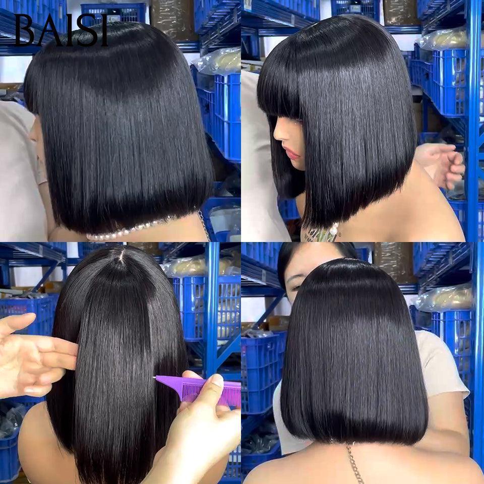 BAISI Smooth Bob With Bangs Luxury Wigs 100% Vietnam Hair SDD BONE STRAIGHT 300% Density A1 Made with Double Drawn Hair 15A No Lace No Glue