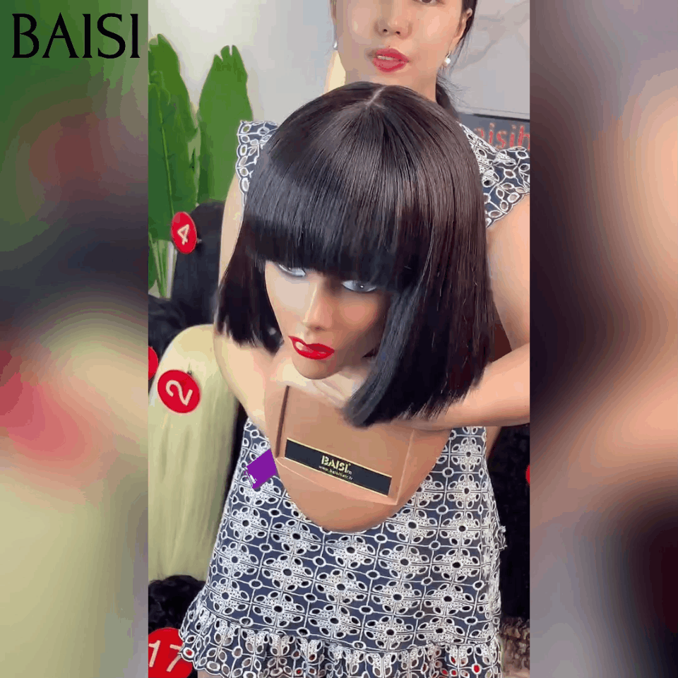 BAISI Offre Flash 8 Pouce 59€ 15A SDD BONE STRAIGHT 300% densité Bob lisse Avec Frange Perruques de Luxe 100% Vietnam Hair A1 Fabriquées par les cheveux double drawn sans Lace sans colle