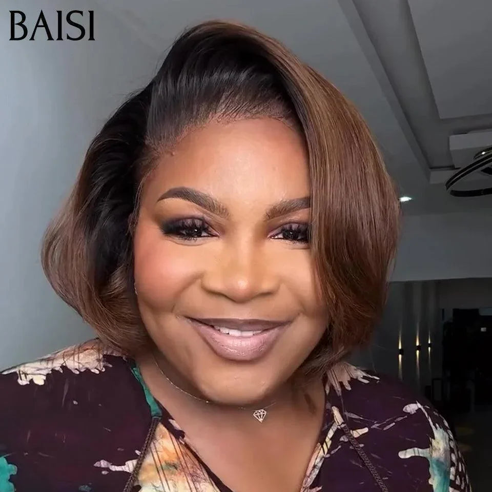 BAISI Offre Flash 76€ 13X4 lace frontal 8 Pouces Lisse Bob ou Pixie Frontale 13x4 lace tranparente 8 Pouce lisse #1BT4 Marron avec Racine noir en 100% cheveux humains