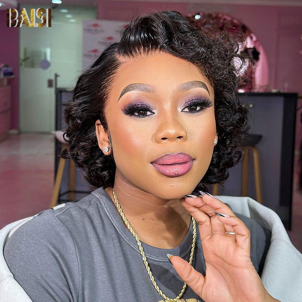 BAISI 13x4 Perruque boucles Curly Wave Noir 8 Pouces 108 € 200% densité Pré-plucked Pas Besoin de Colle en 100% Raw Hair Lace déjà couper FR20