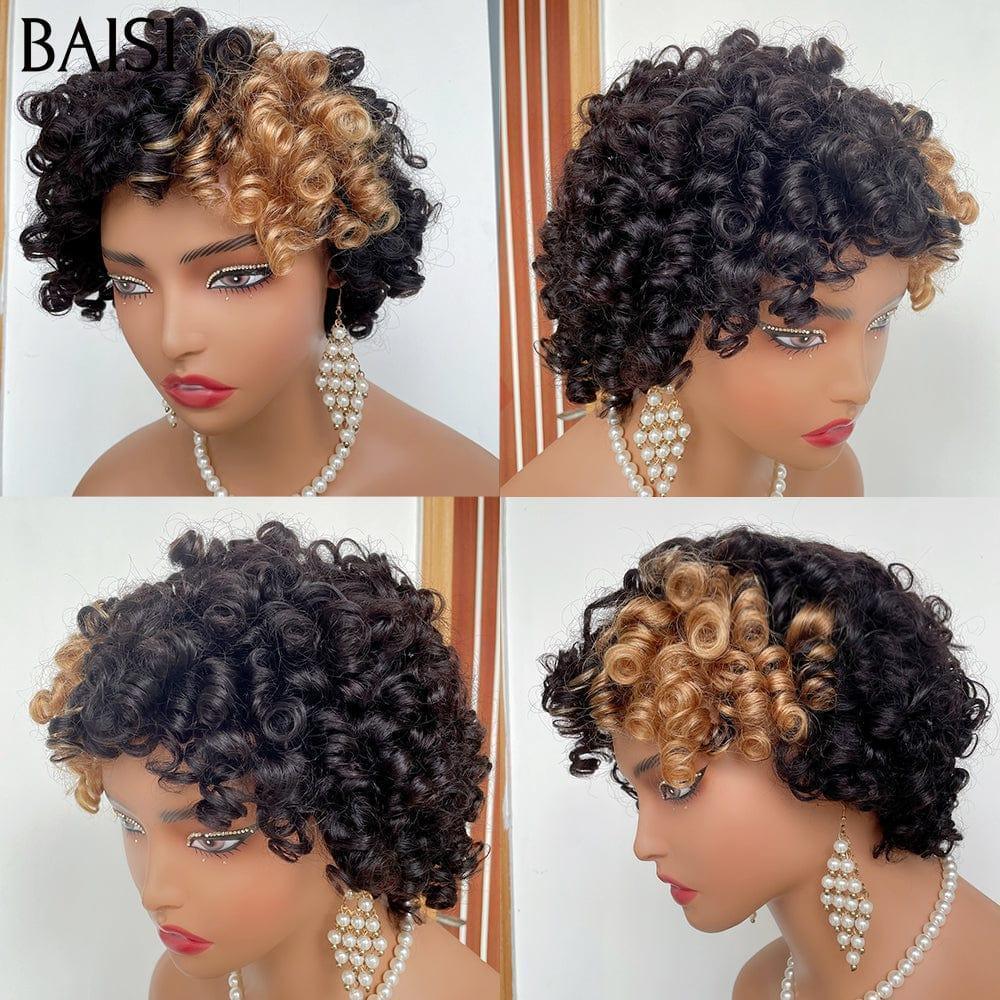 BAISI Perruque Pixie curly wave NOIR 49€ ou noir mix miel 1B27# petite coupe fabriqué à la machine 65€ En 100% Cheveux Humains