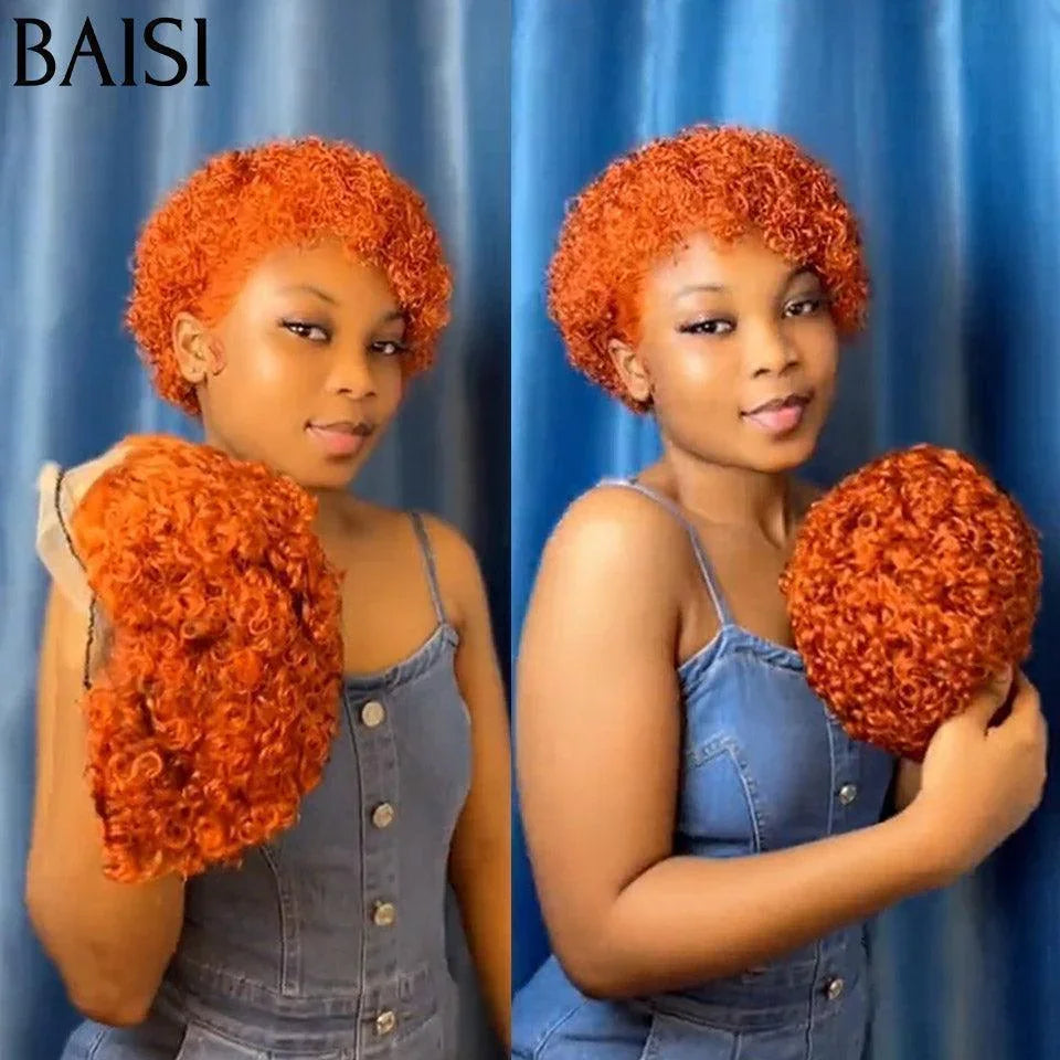 BAISI FLORENCE Parrucca frontale in pizzo Pixie Cut 13x1 Riccia 99J Bordeaux + arancione in veri capelli umani al 100% C