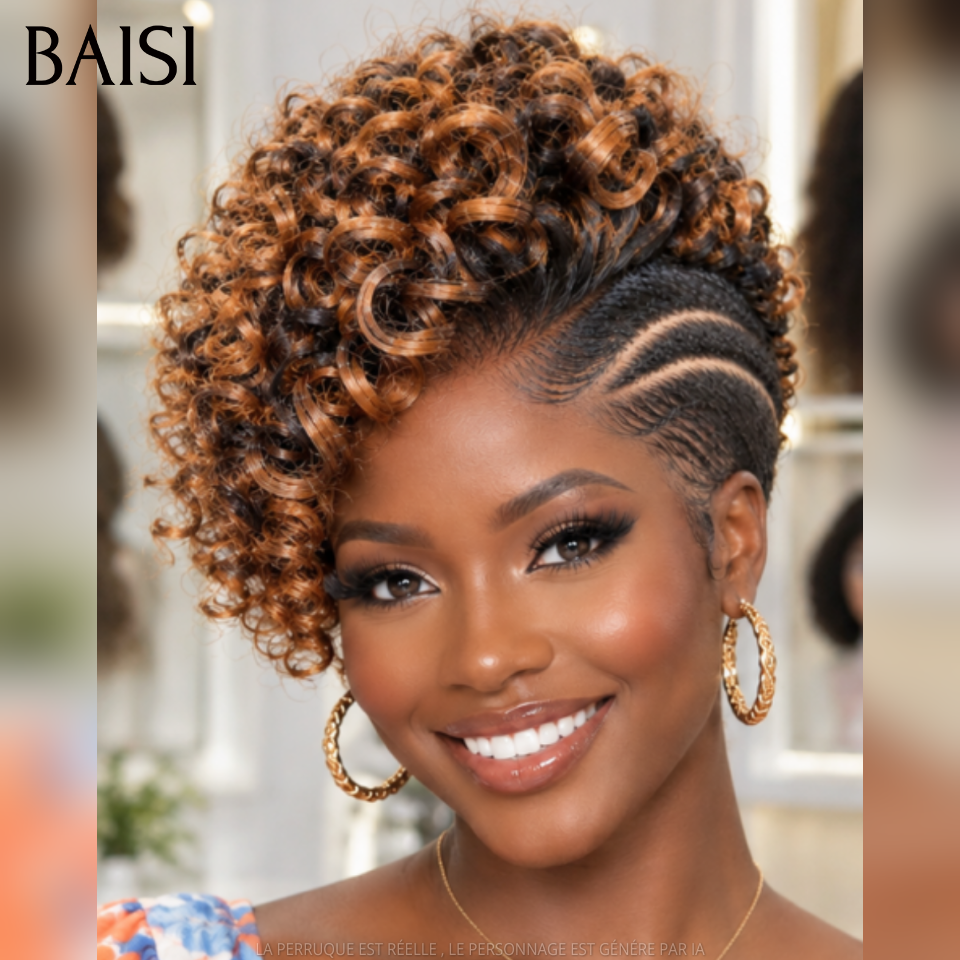 BAISI Full Lace Perruque Pixie Courte Wave 178€ en Couleur Noir et Marron Nouveauté Unique Super Côquête Haute Qualité en 100% cheveux humains