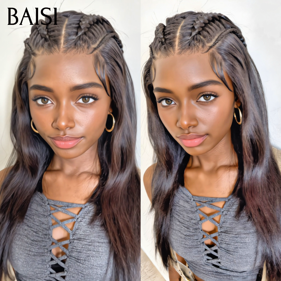 BAISI 13x4 Lace Perruque Coiffée 14pouces et 18pouces Ondulée Devanture en Nattes Comme la Photo en 100% Cheveux Humains
