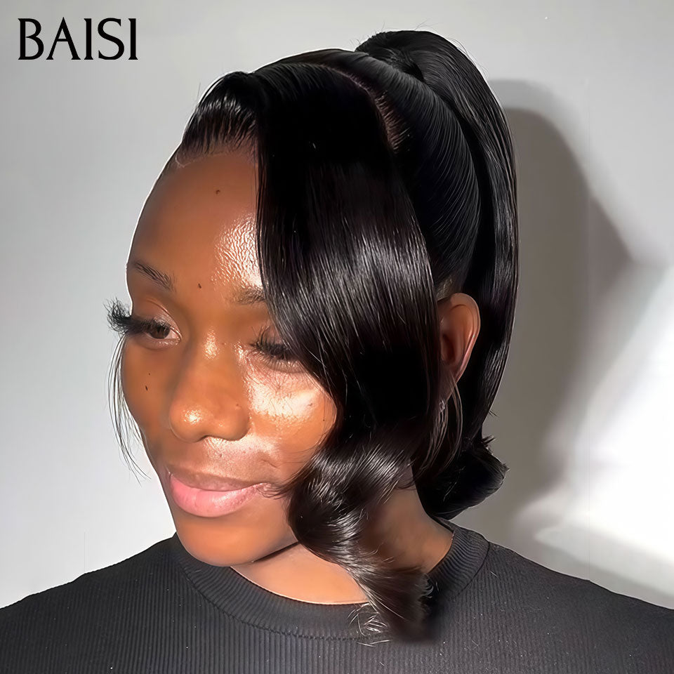 BAISI 360 Lace Perruque avec Queue de cheval Ondulée Noir 16 Pouces 179€ Seulement Coiffure Changeable à Volonté en 100% vrais cheveux humains