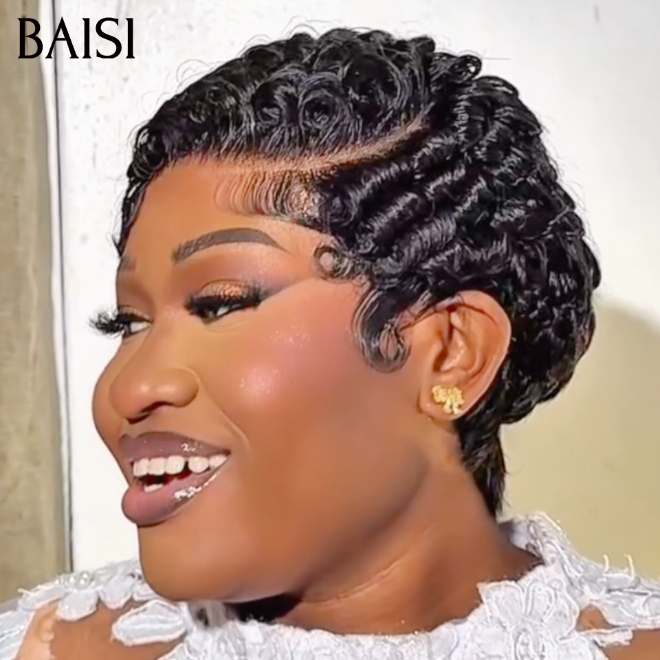 BAISI Offre Flash 13x4 Lace Perruque Pixie Finger Wave petite coupe En Frontal 60€ Ou Sans Lace 38€ Fabriqué à la machine En 100% Cheveux Humains B