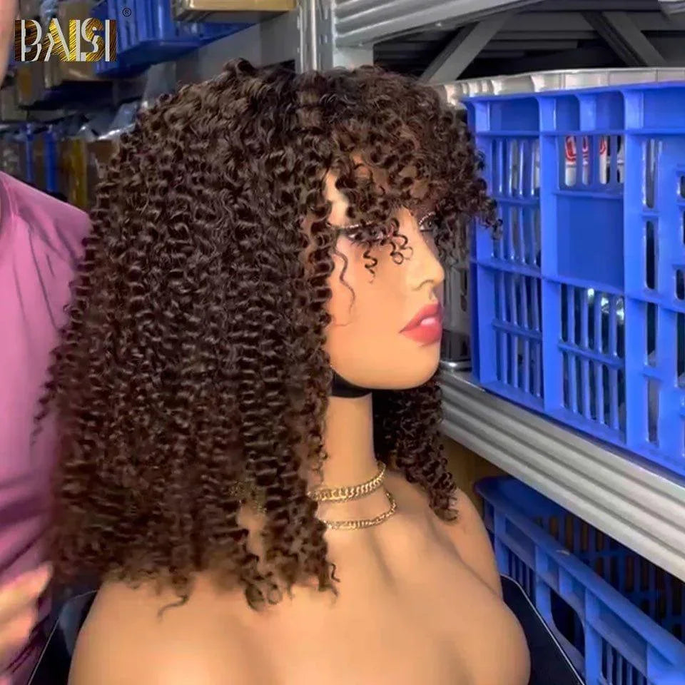 BAISI Achetez 2 perruques minimum au prix d'usine fournisseur Perruque 13X4 lace bob bouclé 53€ ou kinky curly avec frange en couleur marron #4 en 100% vrais cheveux humains (Pas Besoin de Code)
