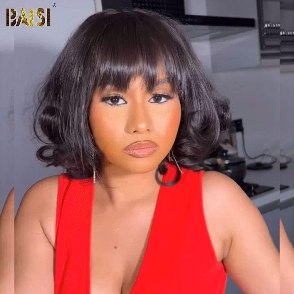 BAISI Bob-Perücke mit Pony, gewellte Körperwelle, 100 % Echthaar
