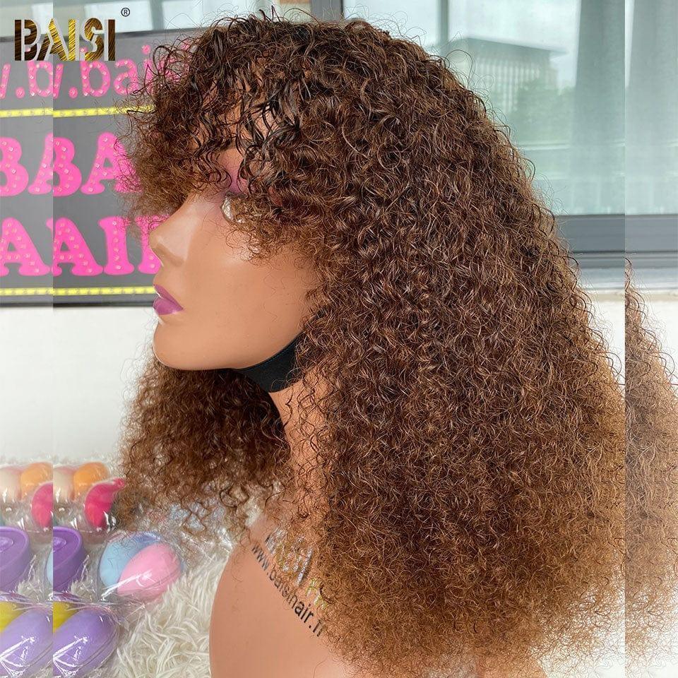 BAISI Perruque Afro Curly Bouclée 4# Marron avec Frange 14 Pouces 119€ ou 300% densité 99J# 16 pouces 168€ en 100% Cheveux Humains de Bonne Qualité FR38