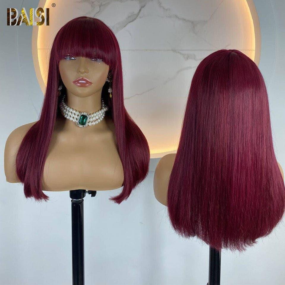 Perucas retas de luxo BAISI em Borgonha # 99J com franja feita por cabelo duplo desenhado com divisão central natural