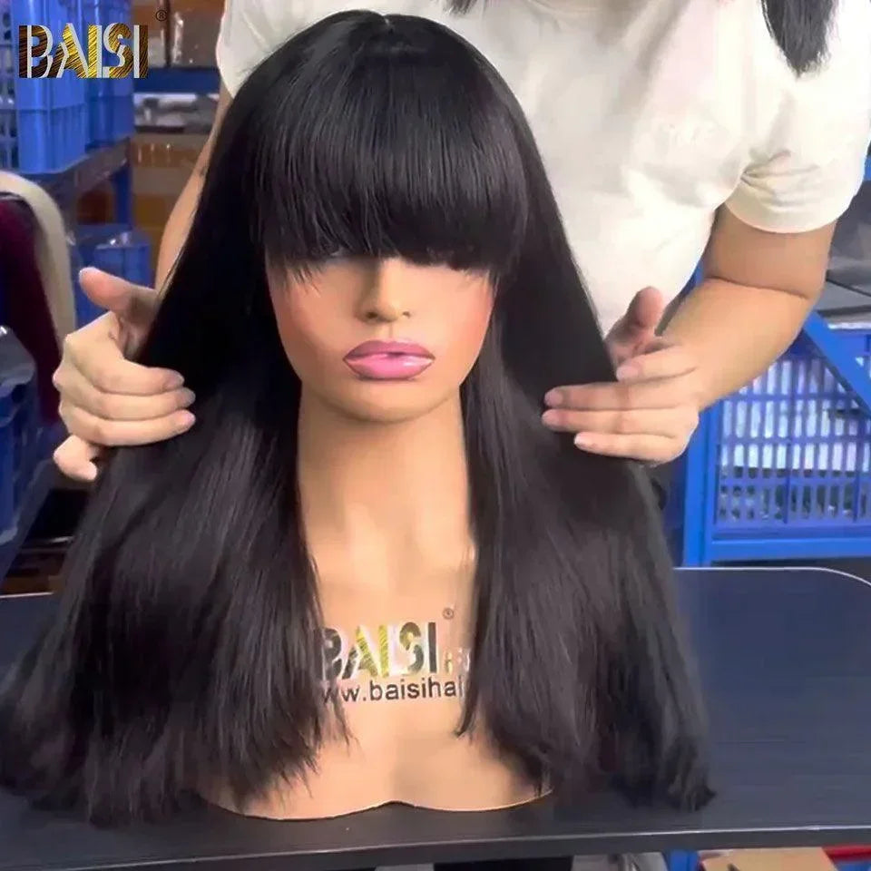 BAISI Peruca frontal de renda reta natural com franja em cabelo 100% humano de boa qualidade