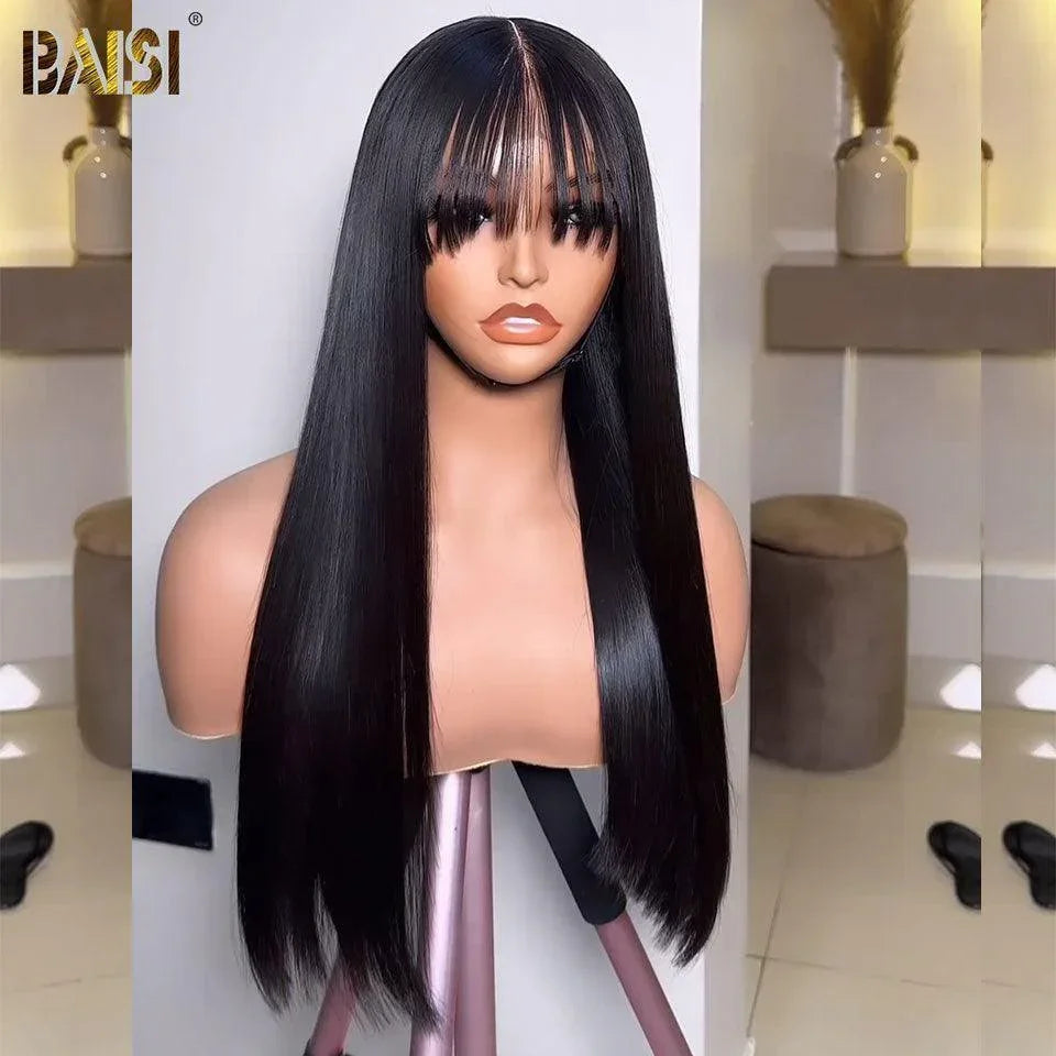 BAISI Perruques de Luxe Lisse avec Frange Fabriquées par les cheveux double drawn avec la raie naturel au mileux B Vietnam Hair 250% densité plus de 20 ans d' utilisations MP50