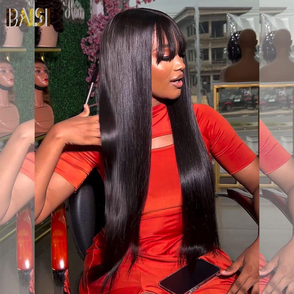 BAISI Perruques Lisse avec Frange Fabriquées par les cheveux double drawn avec la raie naturel au mileux