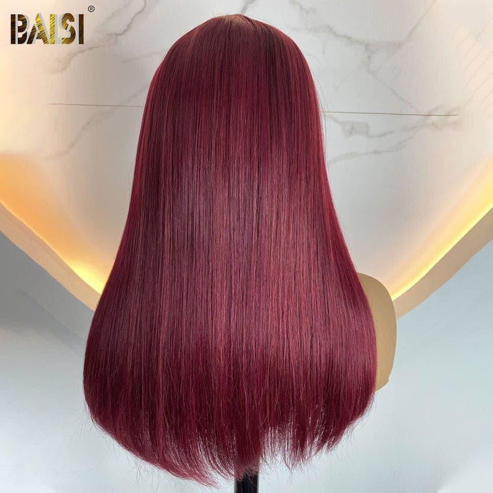 BAISI Perruques de Luxe Lisse en Bordeaux #99J avec Frange Fabriquées par les cheveux double drawn avec la raie naturel au mileux