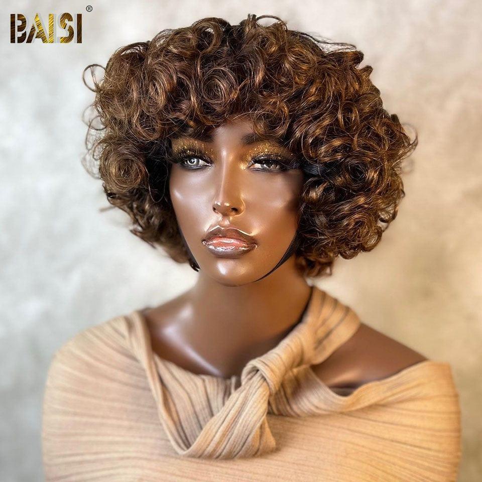 BAISI Curly Wig Egg Wave €76 No Glue with Bangs 4 Colors in 100% Human Hair