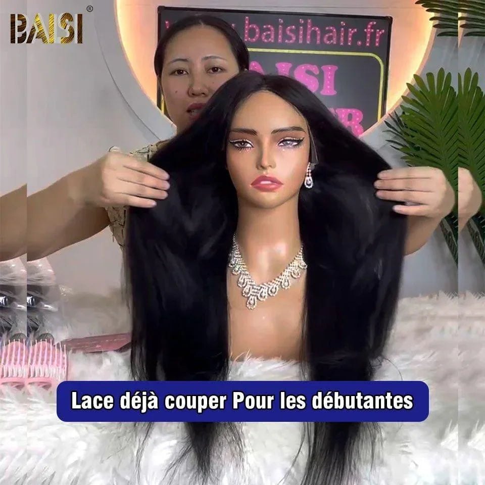 BAISI 13x6 Frontal Perruque Lisse Pré-plucked Pas Besoin de Colle en 100% Raw Hair Lace déjà couper