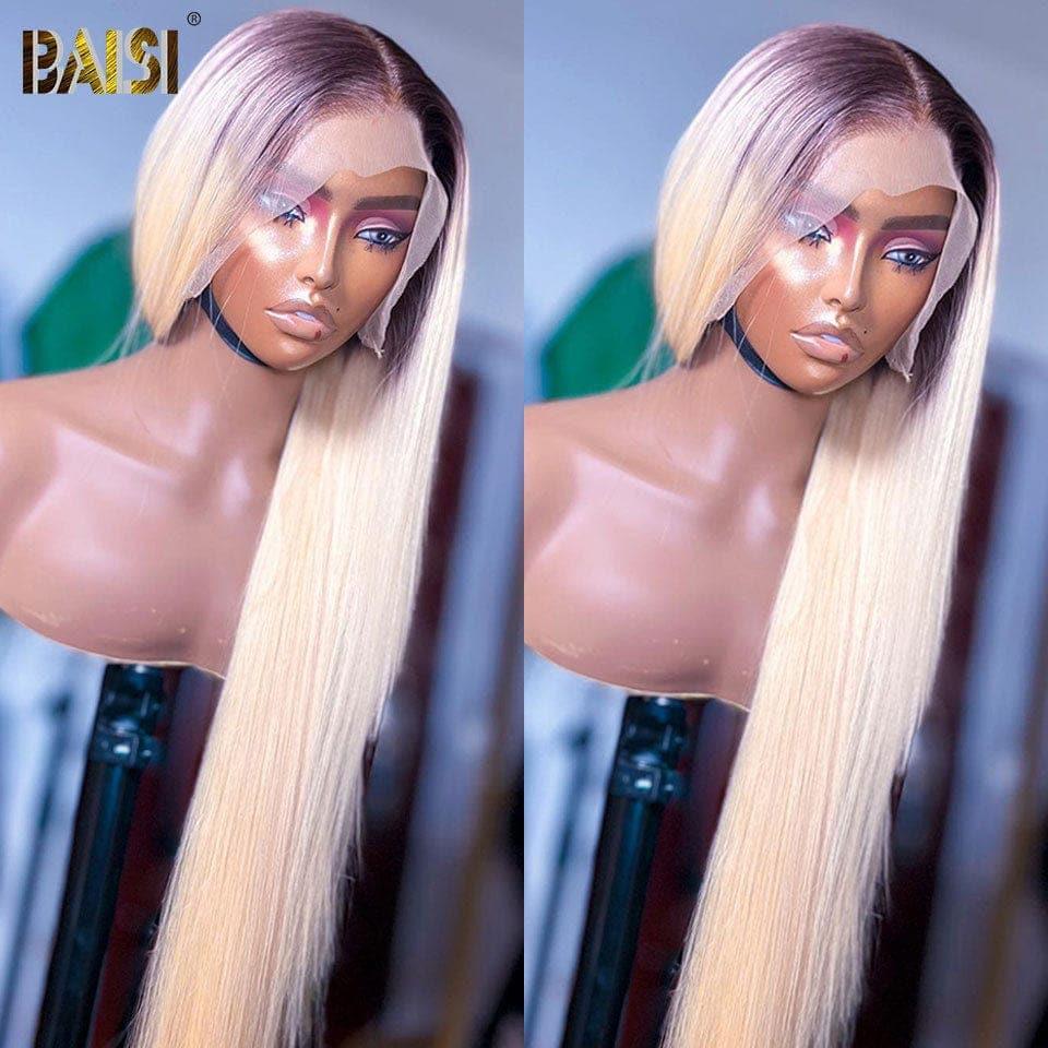 BAISI 13X4 Frontal Wig Straight In Blonde With Brown Roots #4#613 In 100% Real Human Hair