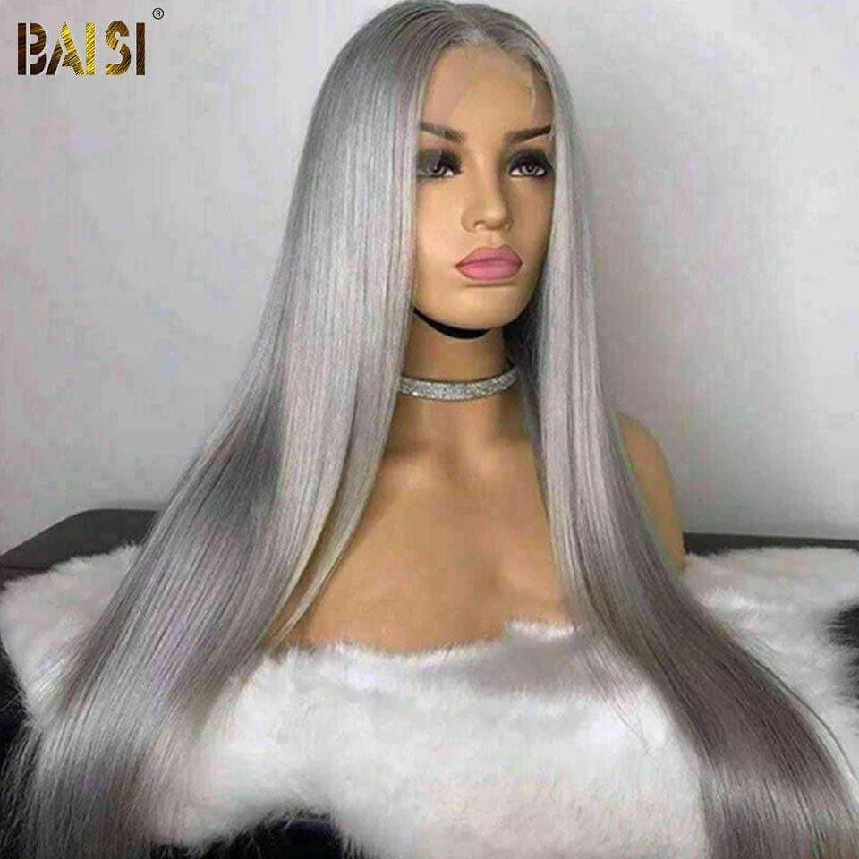 BAISI Collection Poivre et Sel 13X4 Frontal Perruque Lisse En couleur Gris En 100% Vrais Cheveux Humains