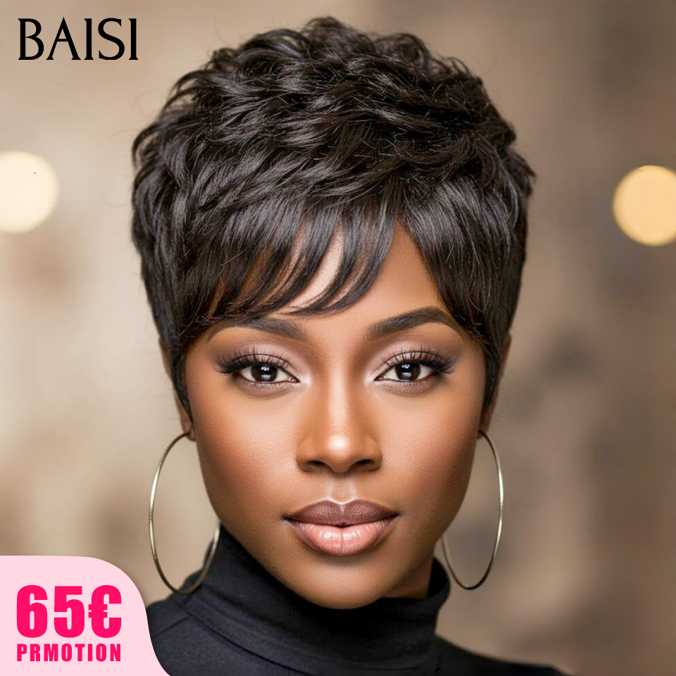 BAISI BLACK FRIDAY Offre limitée Perruque Chioma pixie sans lace 38€ finger wave NOIR Moitié Prix en 100% cheveux humains MP50