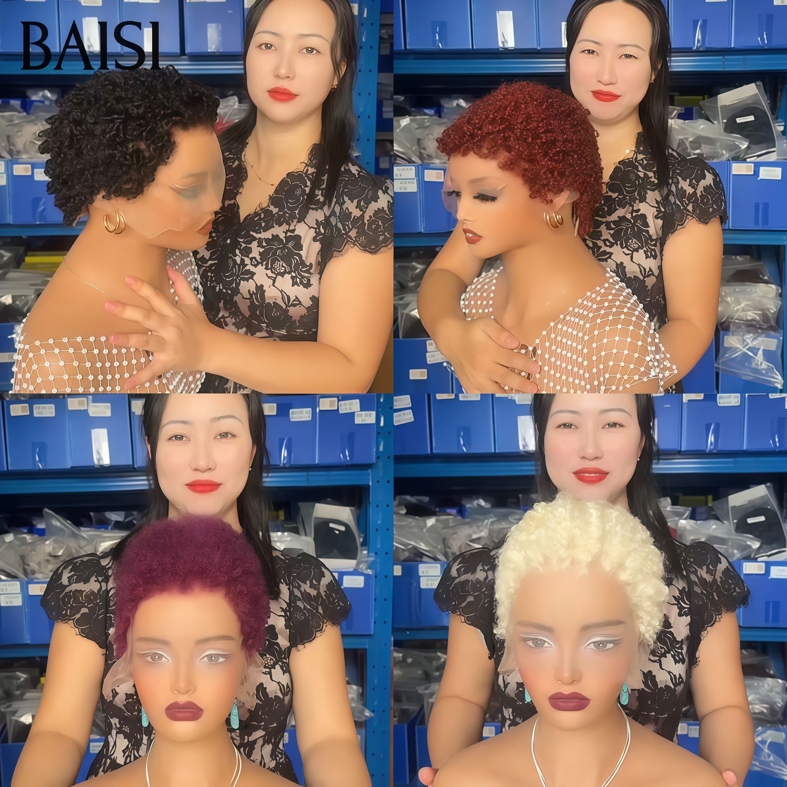 BAISI 4 perruques 200€ pixie 13x4 Lace Frontale NOIR et brun et Bordeaux et blonde En 100% Cheveux Humains