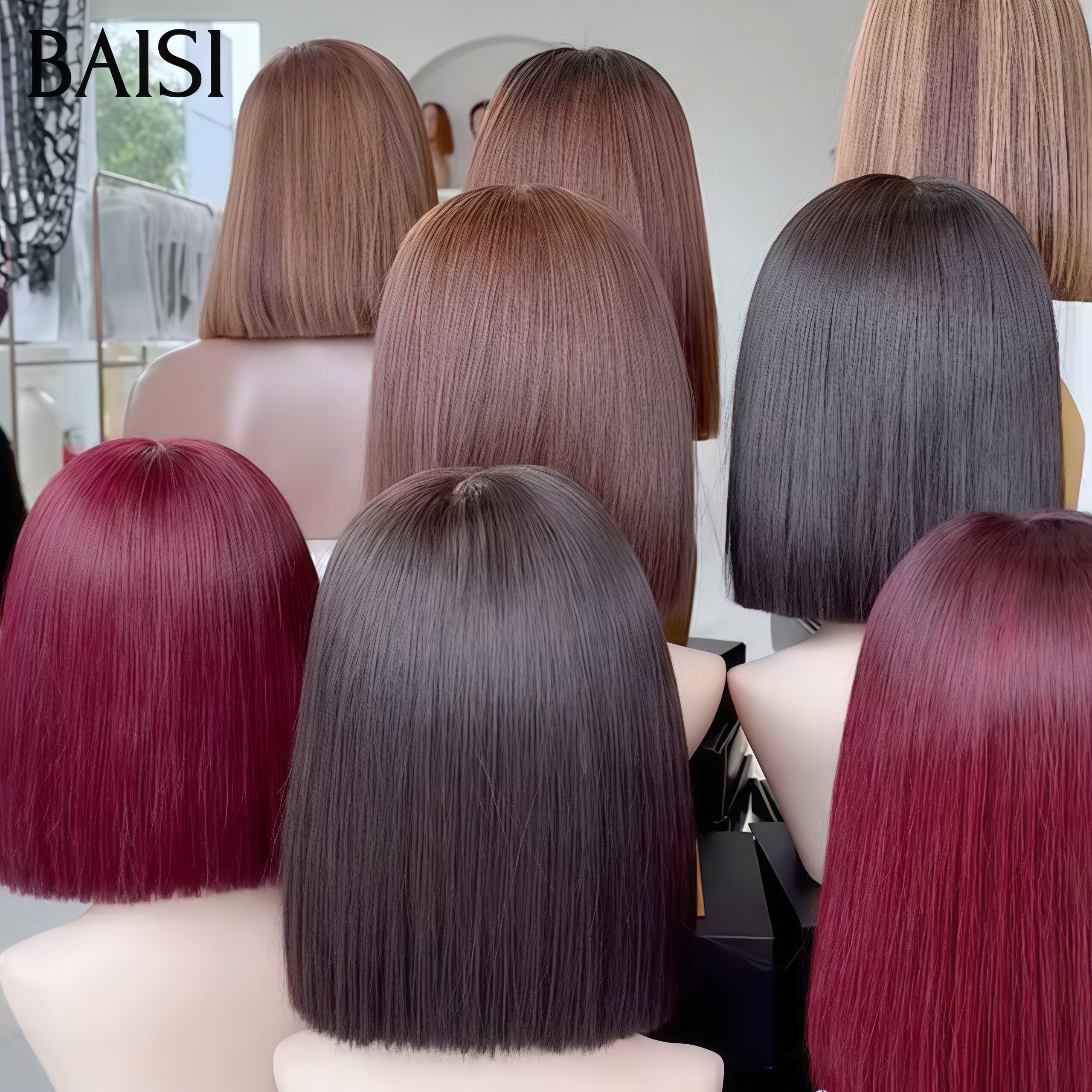 BAISI Offre spéciale 4 perruques 200€ 4 couleurs différentes Noir+Marron+Bordeaux+Mixte 8 pouces en 100% vrais cheveux humains BS120