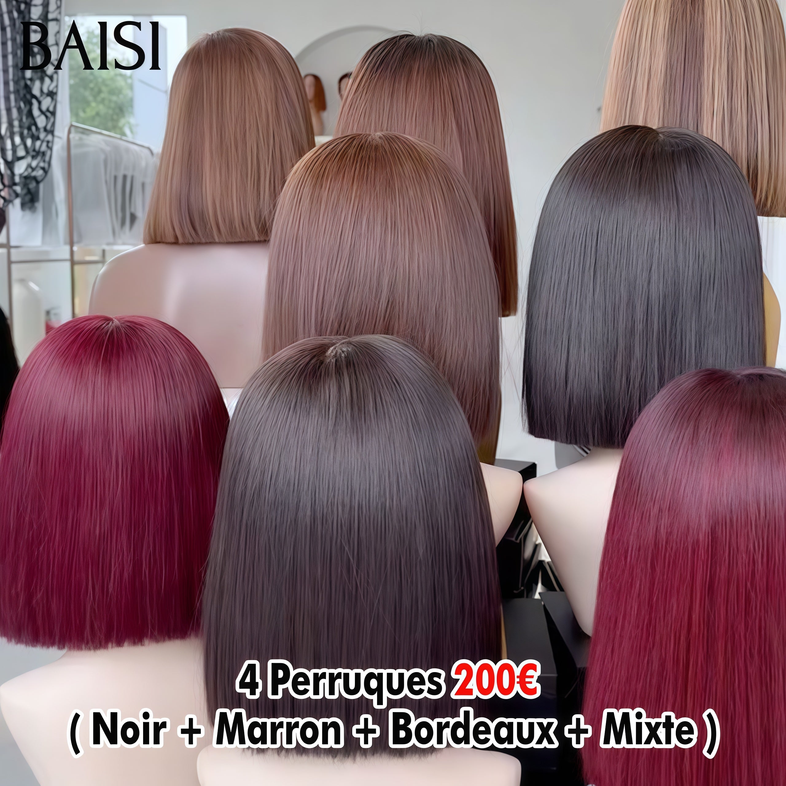 BAISI Offre spéciale 4 perruques 200€ 4 couleurs différentes Noir+Marron+Bordeaux+Mixte 8 pouces en 100% vrais cheveux humains BS120