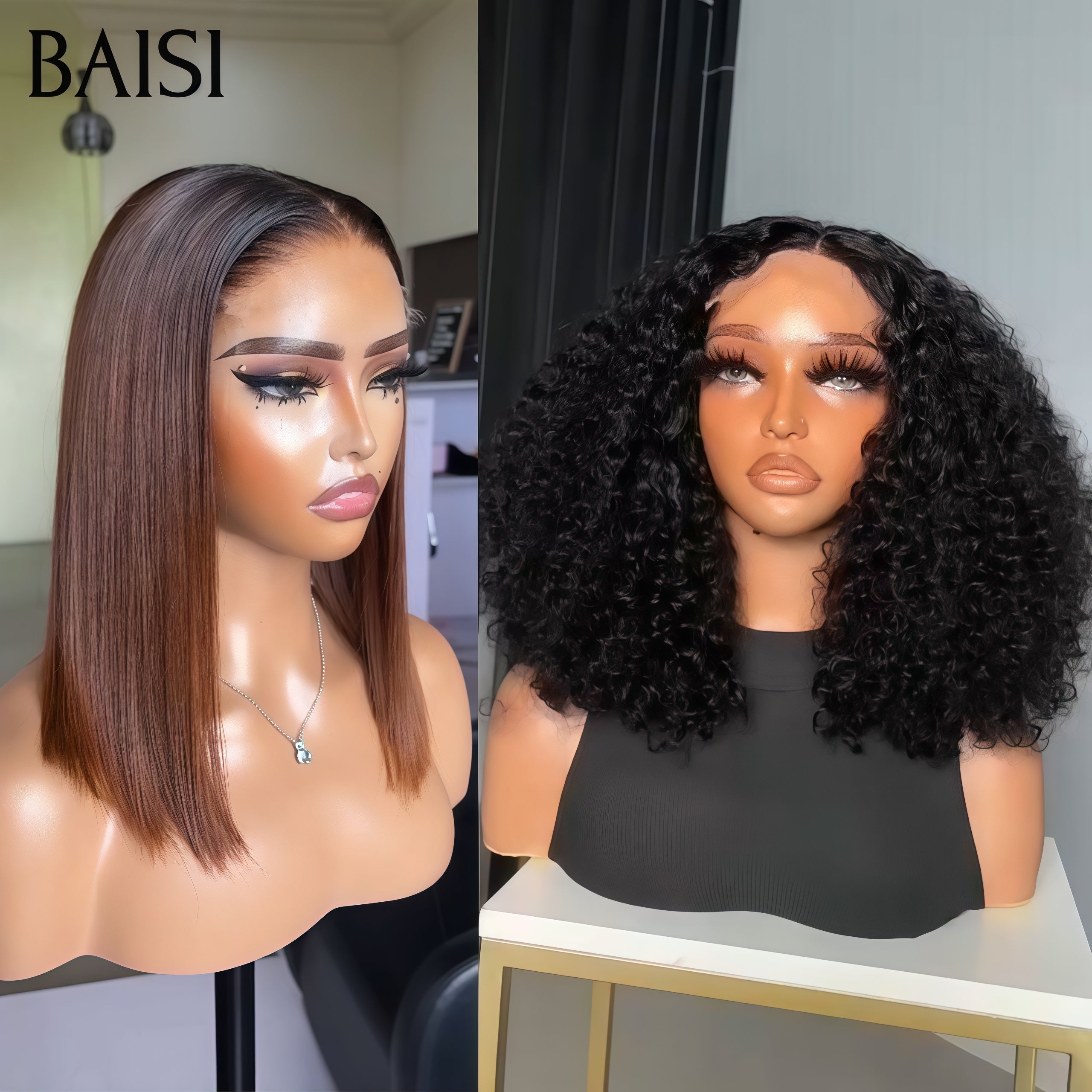 BAISI 2 Perruques 148€ PROMO 4X4 lace closure Lisse bob marron 10 pouces et water wave 12 pouces en 100% cheveux humains